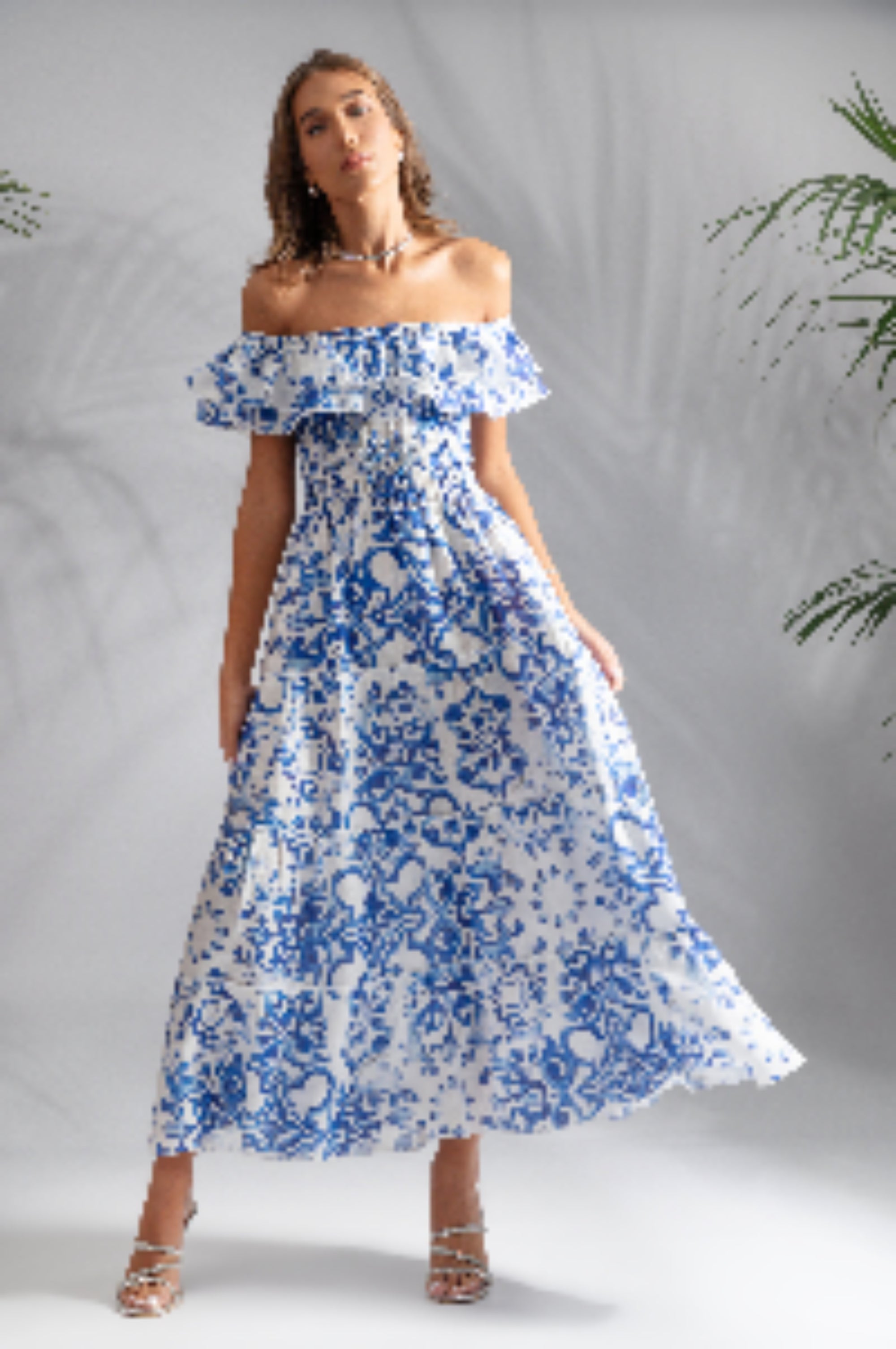 Double Ruffle Dress in Blue Ravello Print Linen