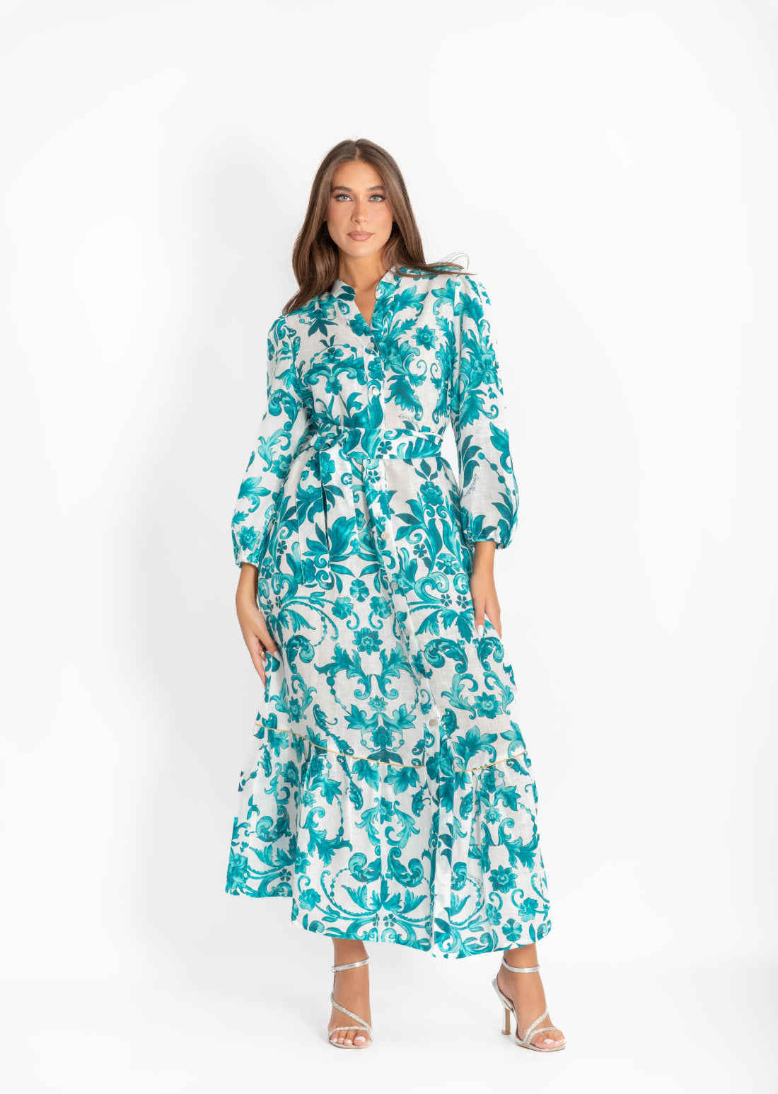 Nerea dress in green Ramo print linen