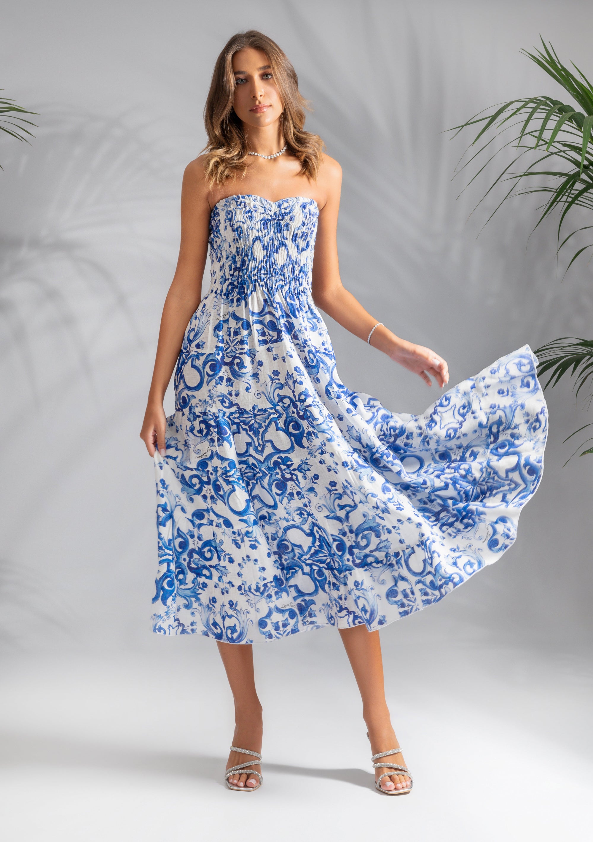 Totano midi dress in linen with a Ravello print in blue