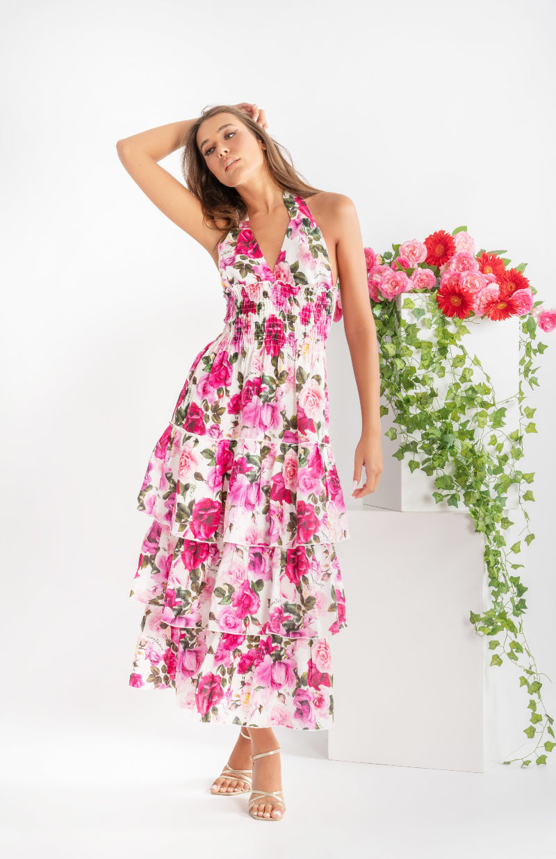 Avocado long dress with rose print in linen 