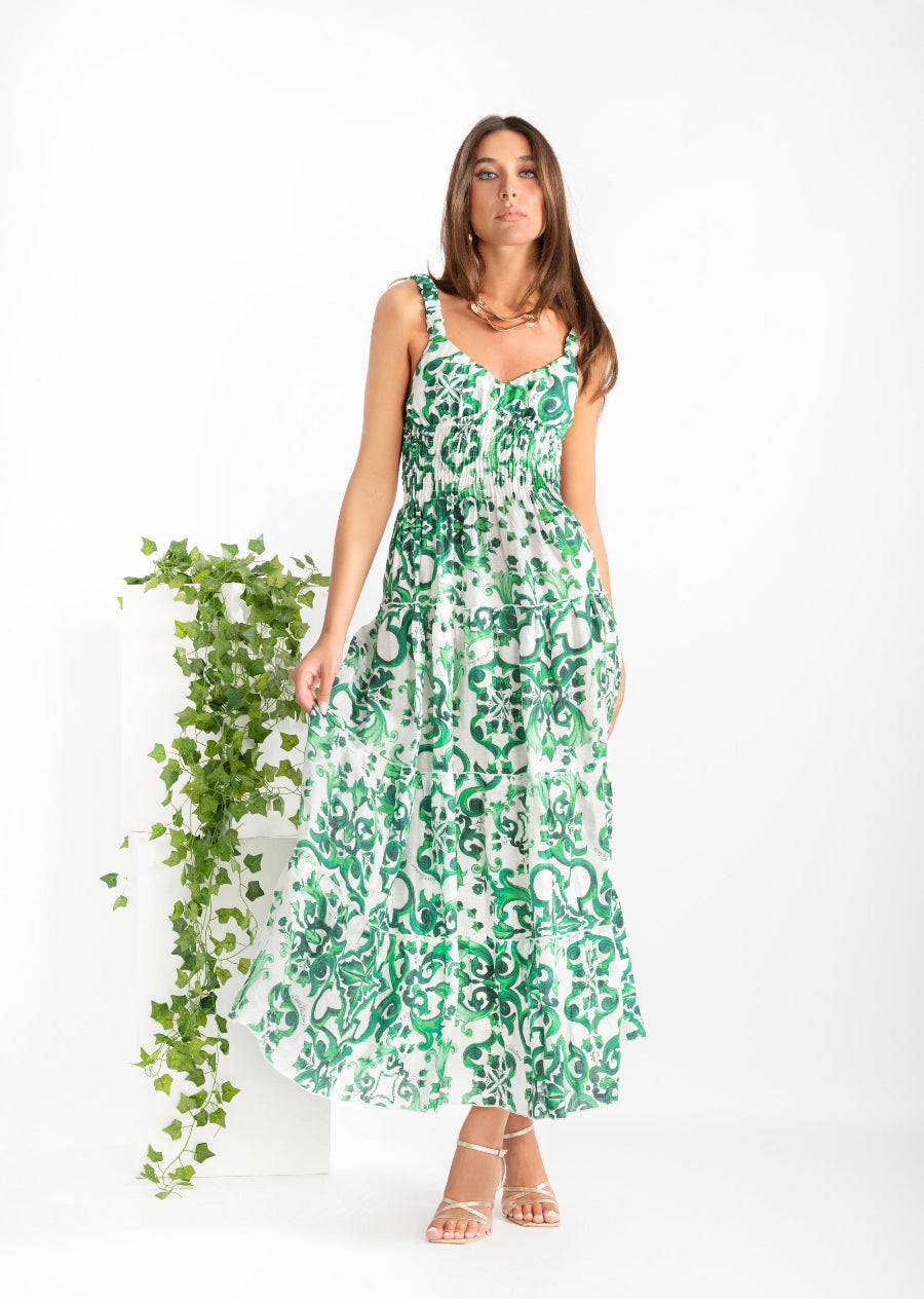 Long linen peach dress with green Ravello print