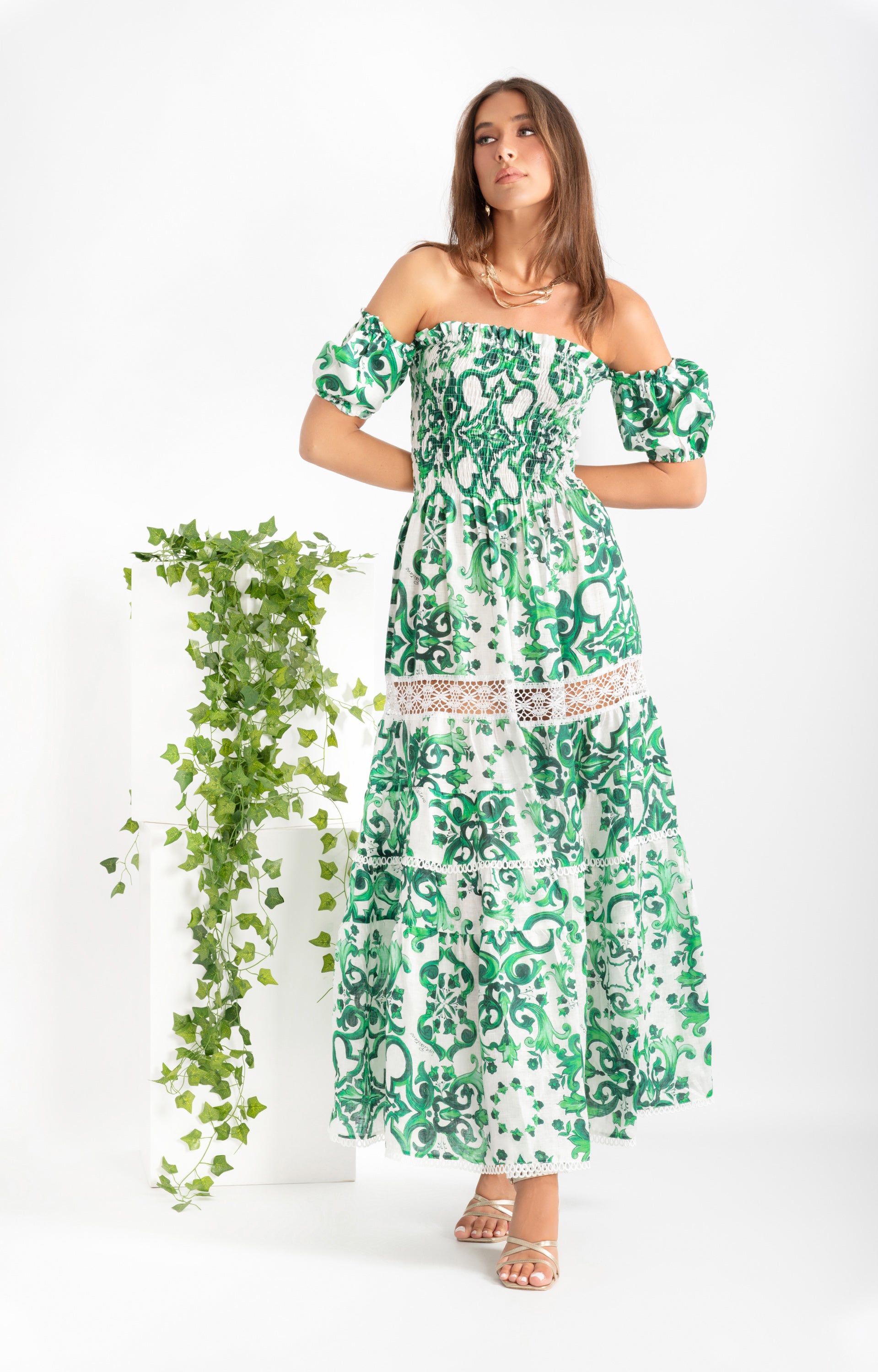 Austria long linen dress with lace inserts and green Ravello print