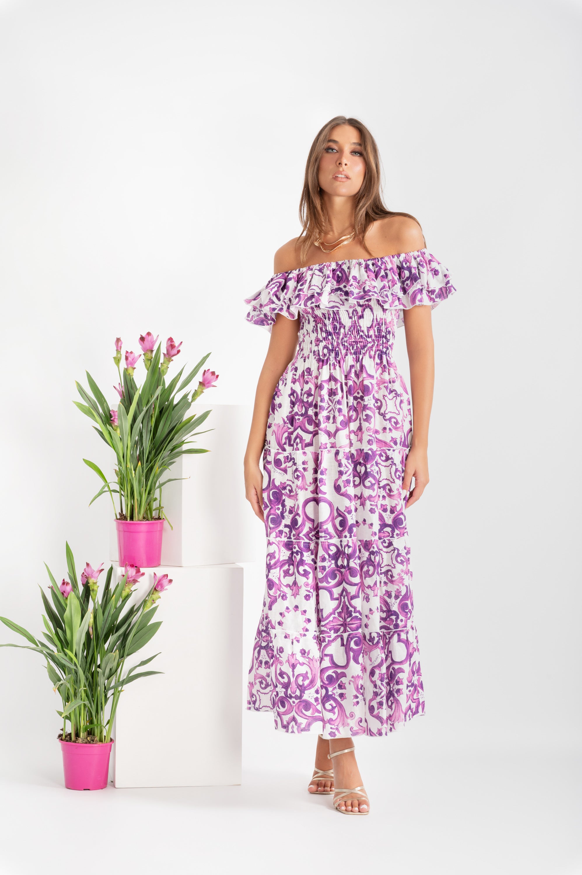 Double Ruffle Dress in Linen with a Purple Ravello Print