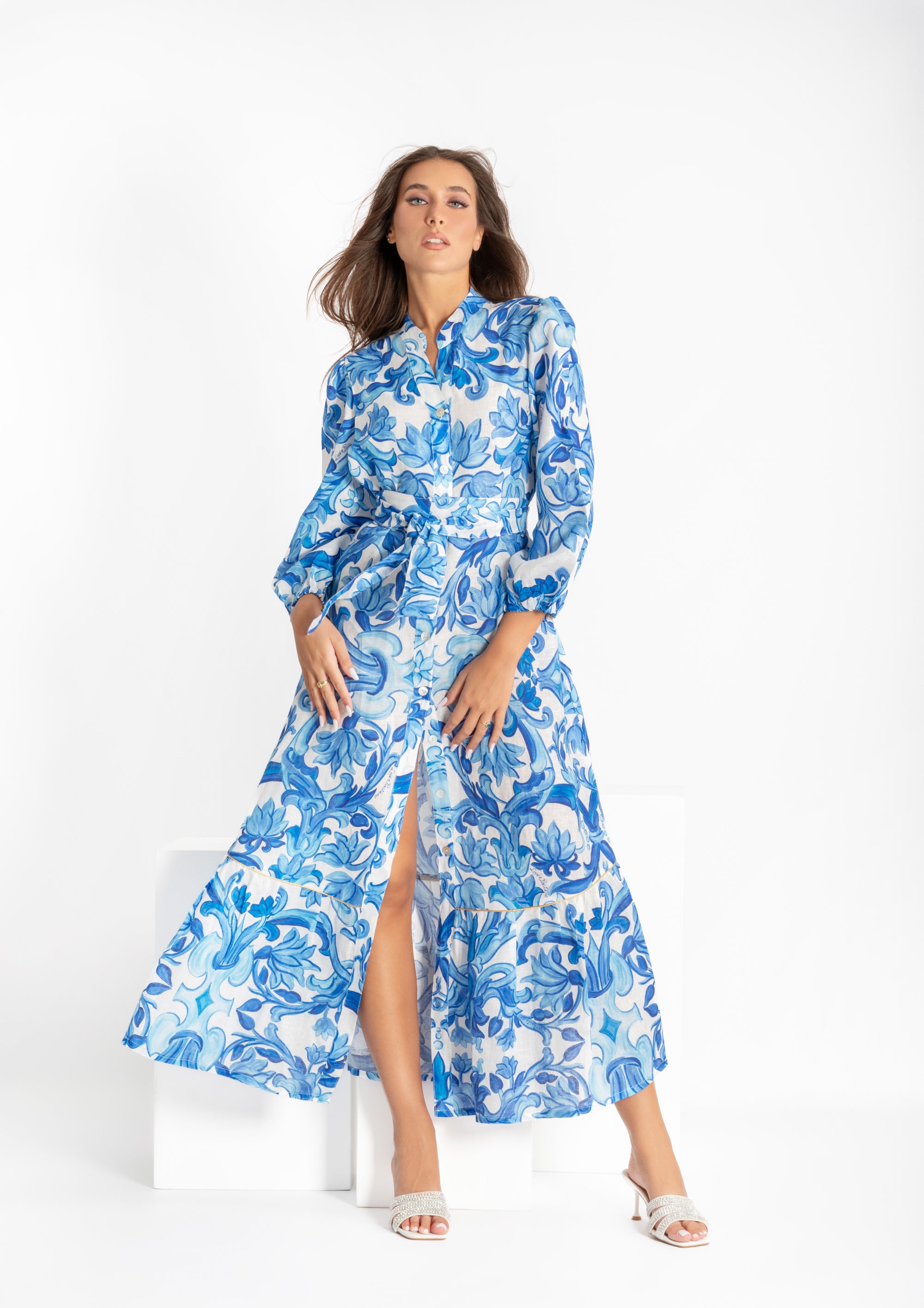 Nerea linen shirt dress with gold trim and blue paint print belt
