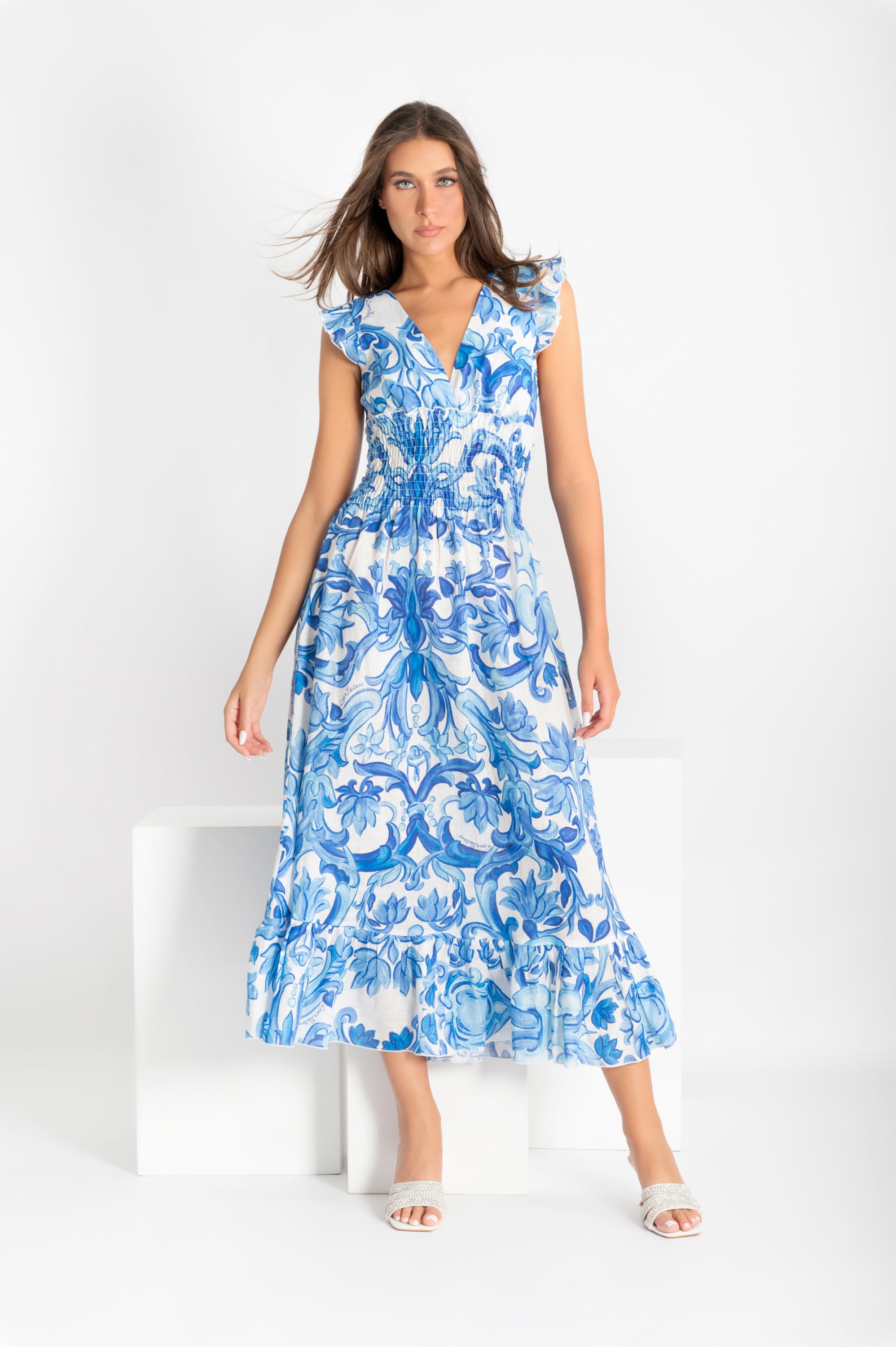 Long Toucan dress with armholes in linen and a bow on the back in a blue painting print