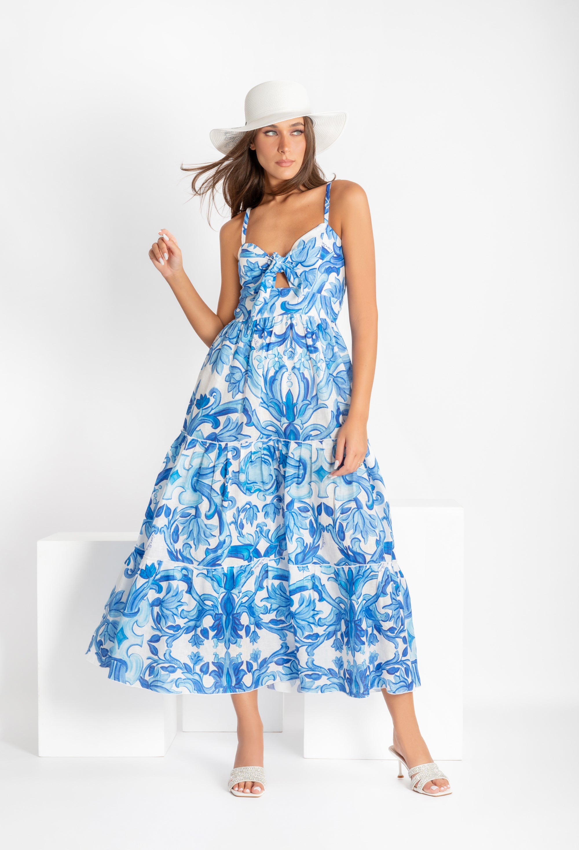 Danica Long Dress with Front Knot in Blue Paint Print Linen