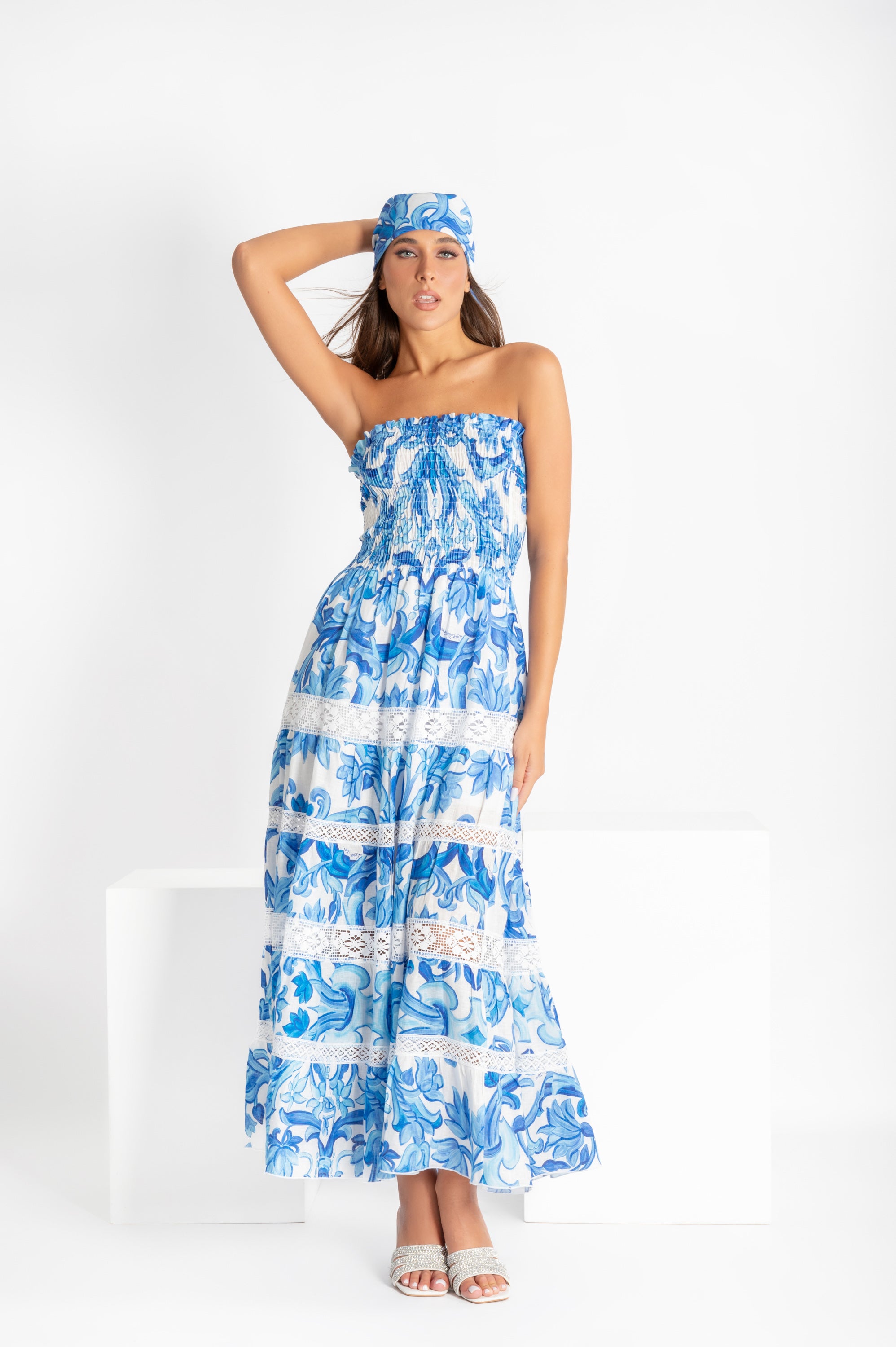 Tori long sleeveless dress with lace inserts and elasticated bodice in blue painting print linen