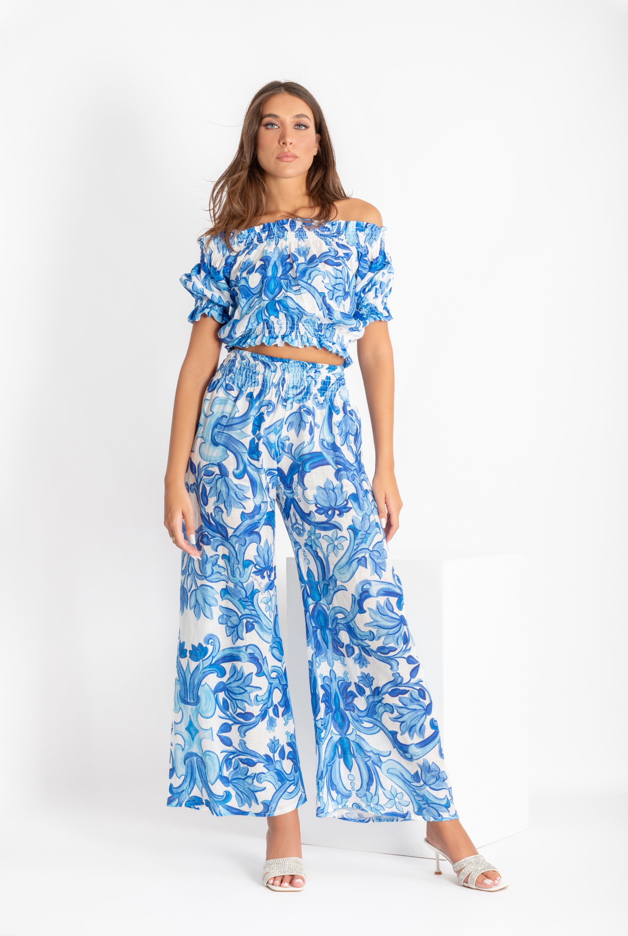 Minnie Mouse top and Mandala trousers in blue painting print linen