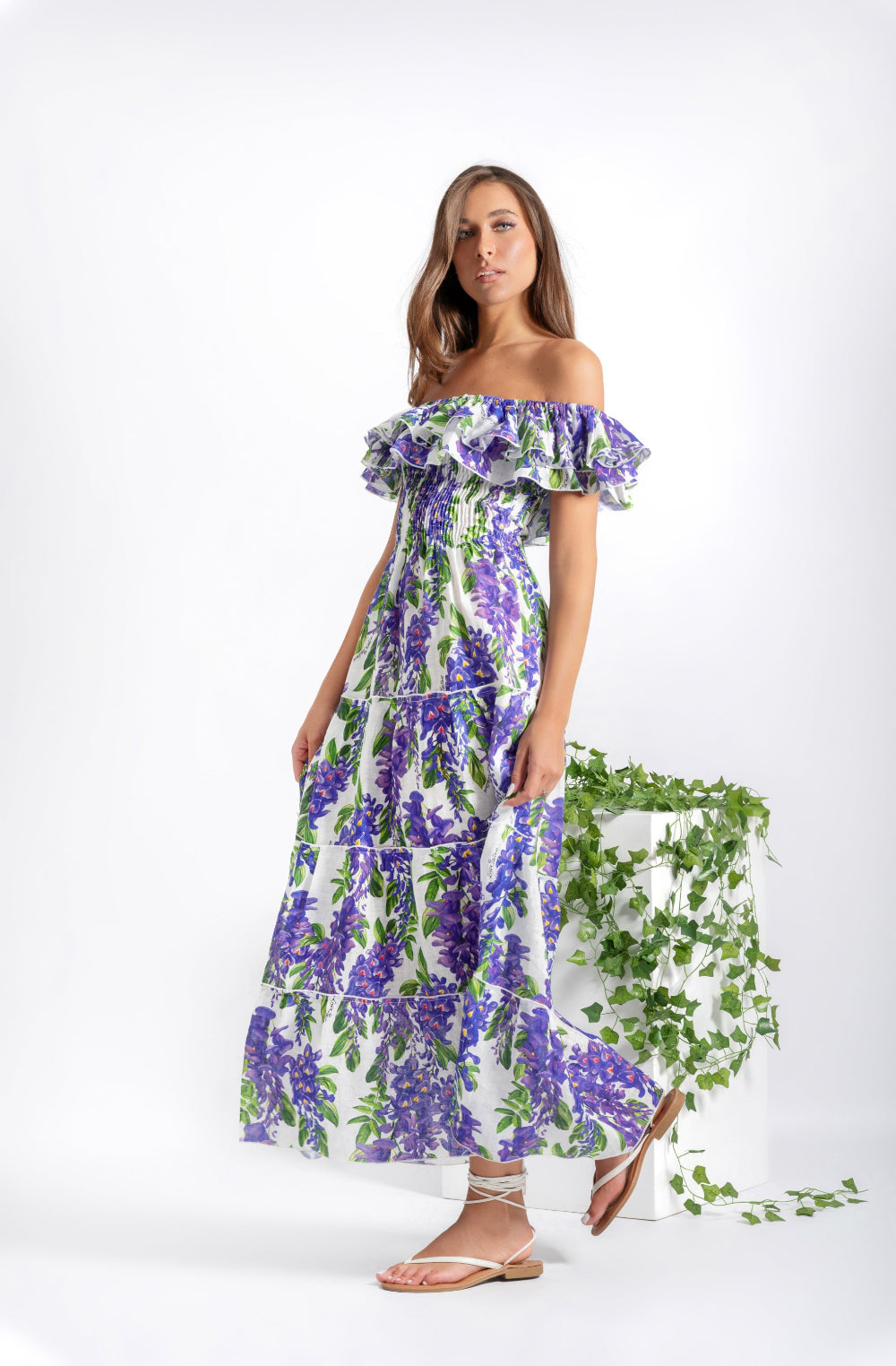 Purple wisteria print double ruffle linen dress