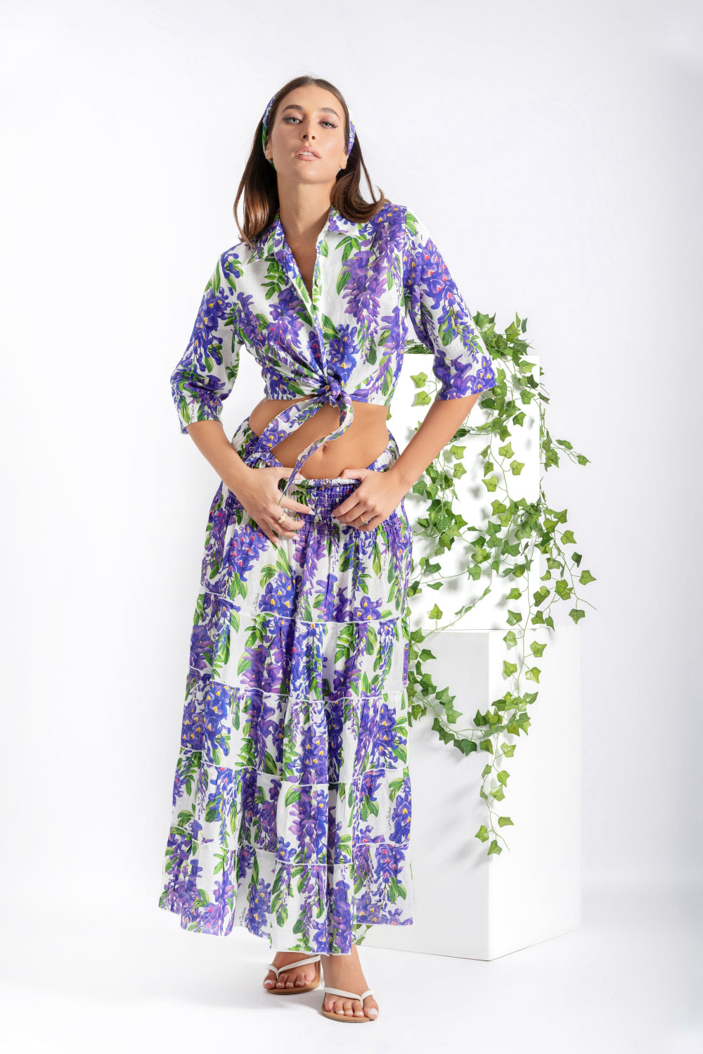 Tania top and Hedy skirt set in wisteria purple linen print