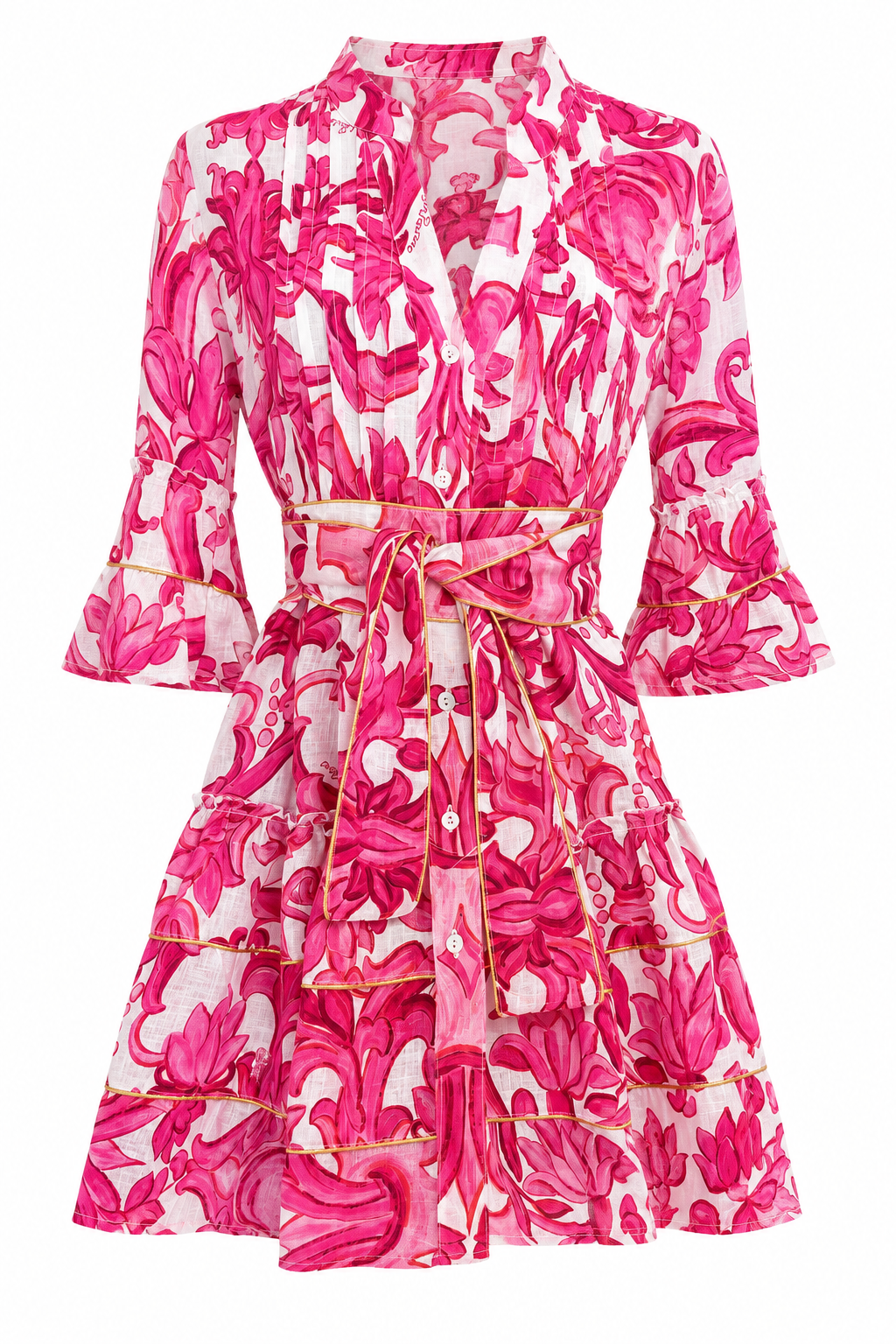 Abito Fame nuovo in lino stampa Pittura rosa azzurro bordi oro con cintura taglia M