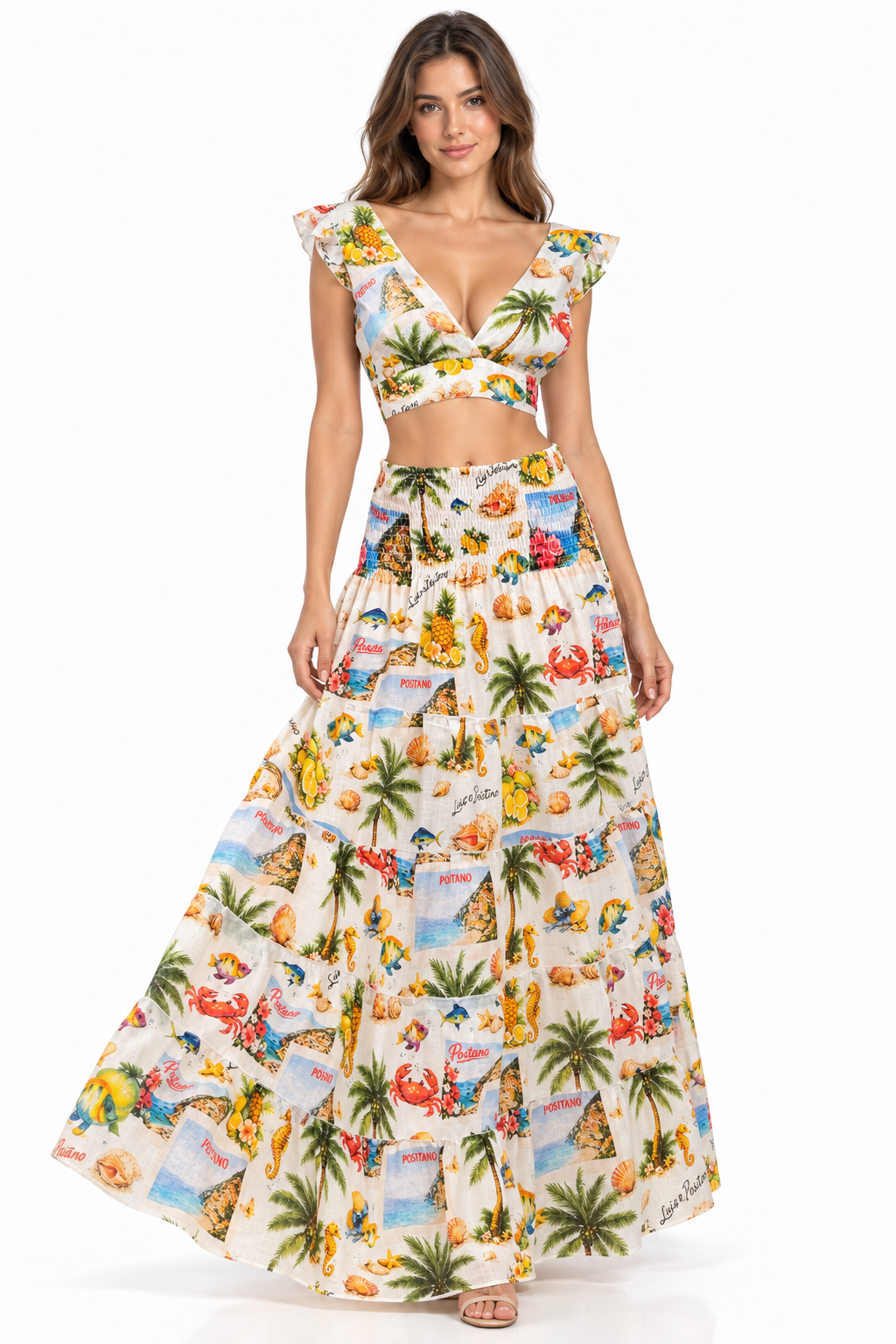 Coordinato top Pina e gonna hedy in lino stampa cartolina one size