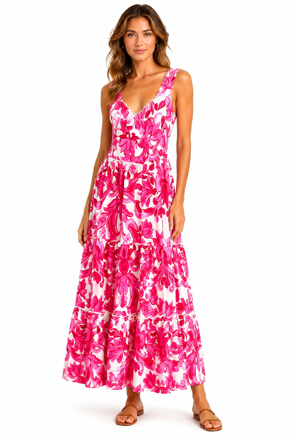 Abito Neve lungo con bretelle in lino stampa  Pittura rosa taglia S/M