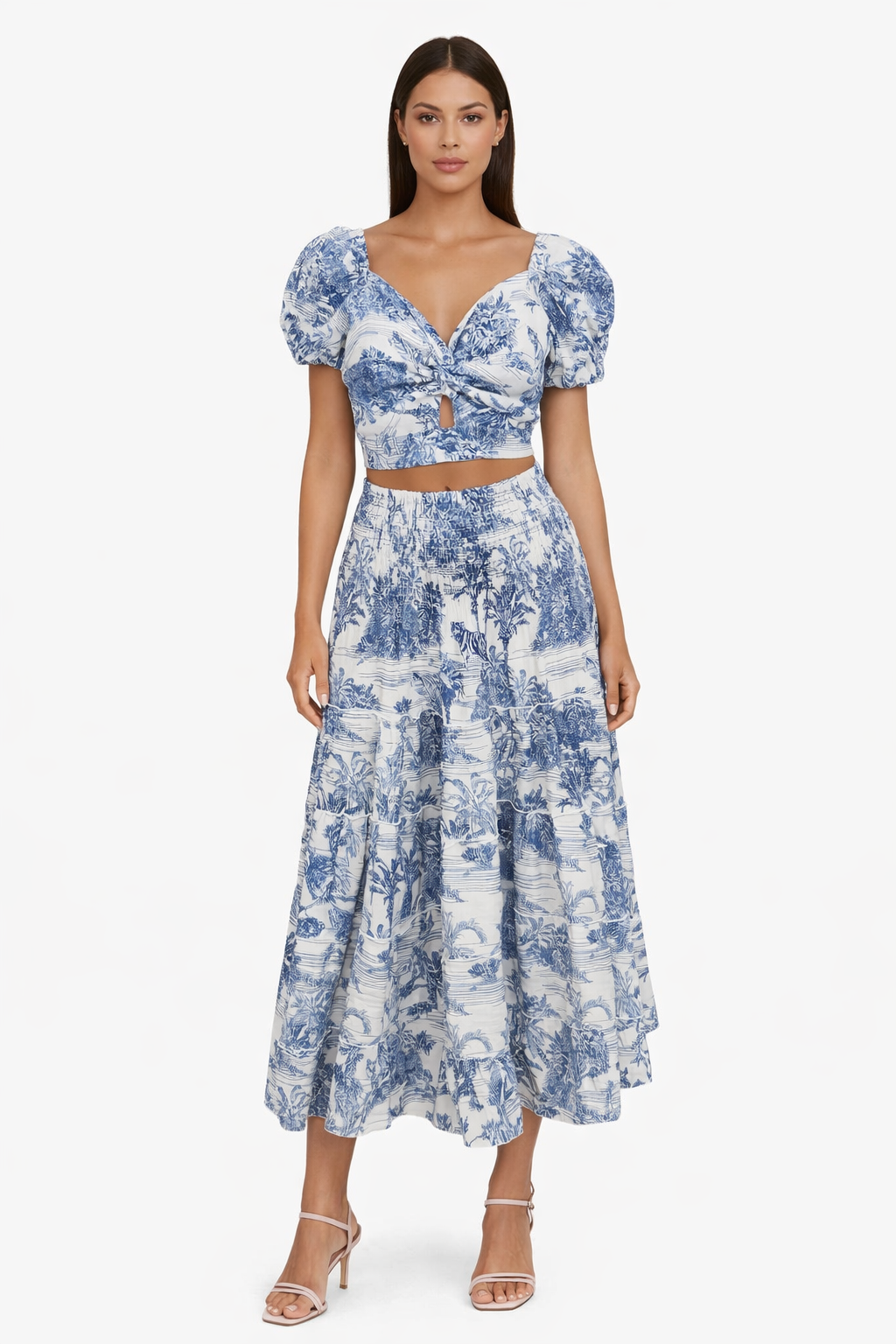 Completo top ciclamino e gonna hedy in lino stampa adoro blu