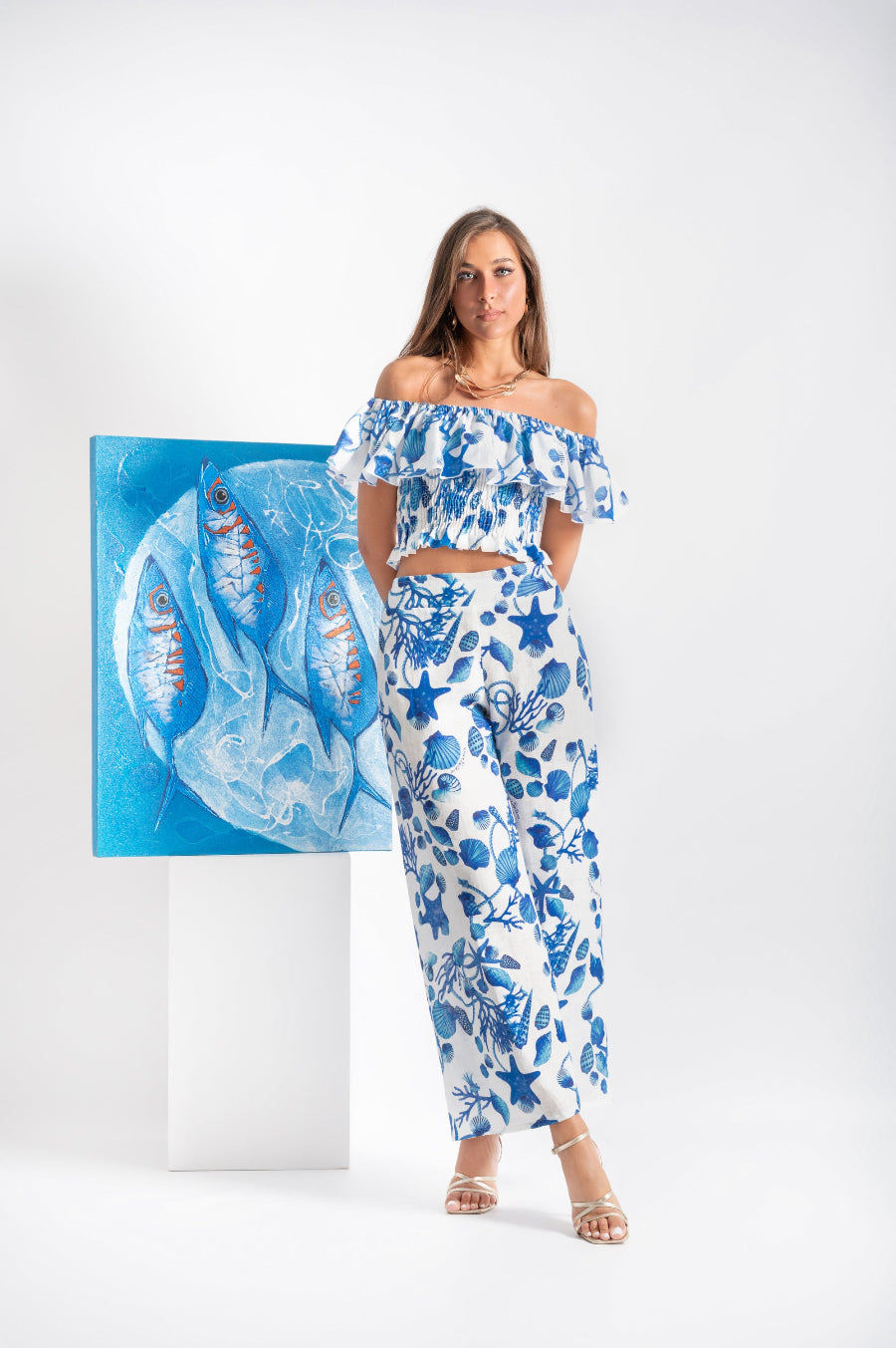 Volant top and Maira trousers set in coral print linen