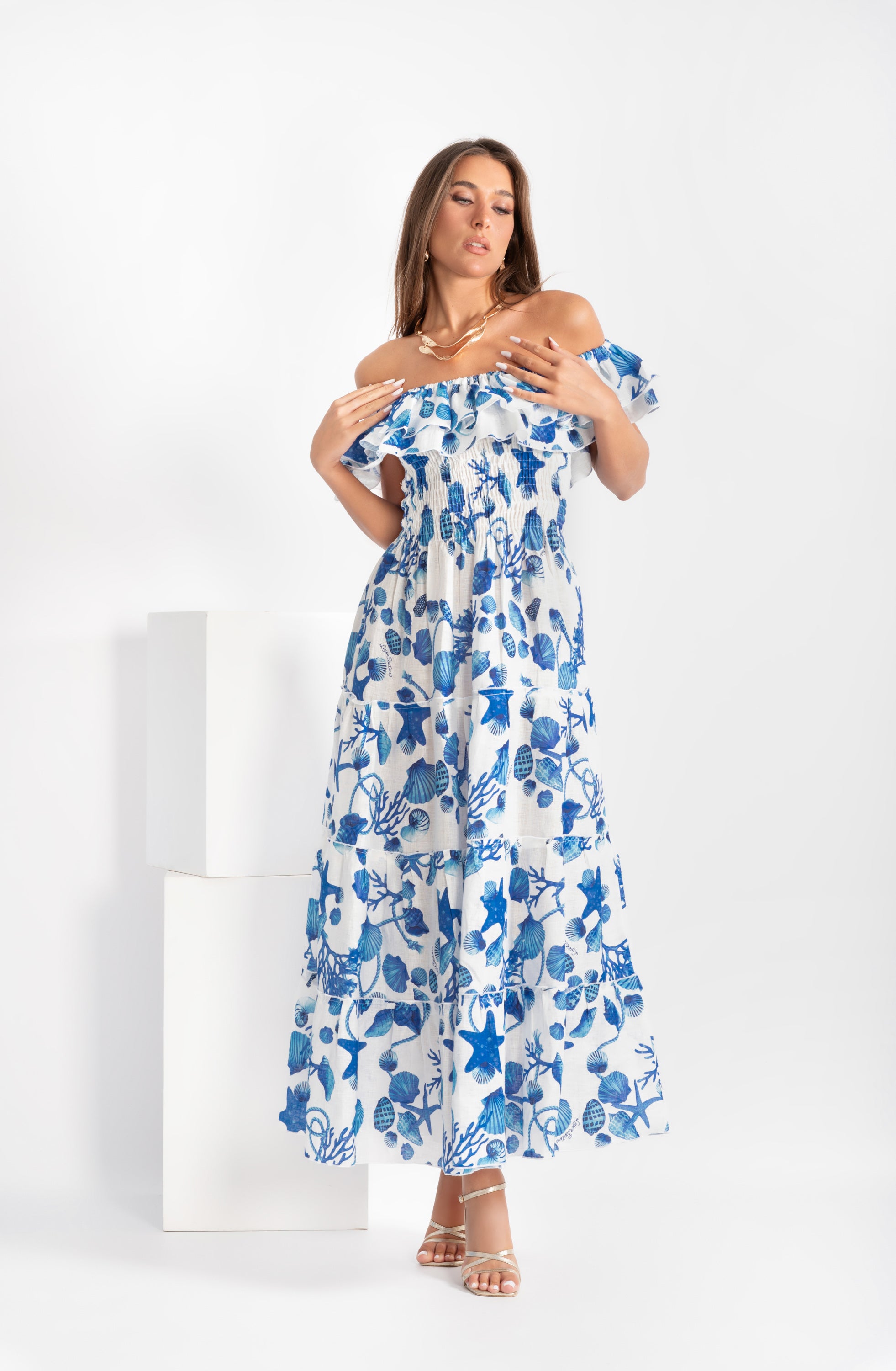 Long double-ruffle dress in coral-print linen