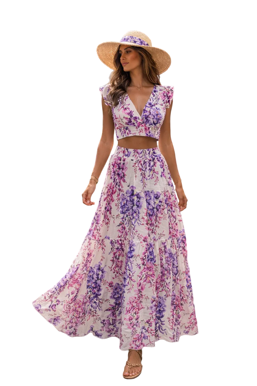 Pina Colada and Hedy top set in wisteria-print linen