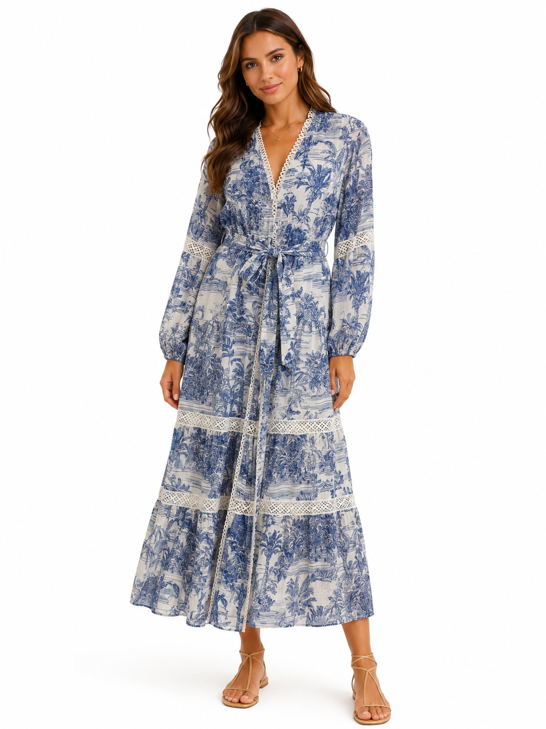 Kleid Lang aus Leinen mit Adoro-Blau-Print