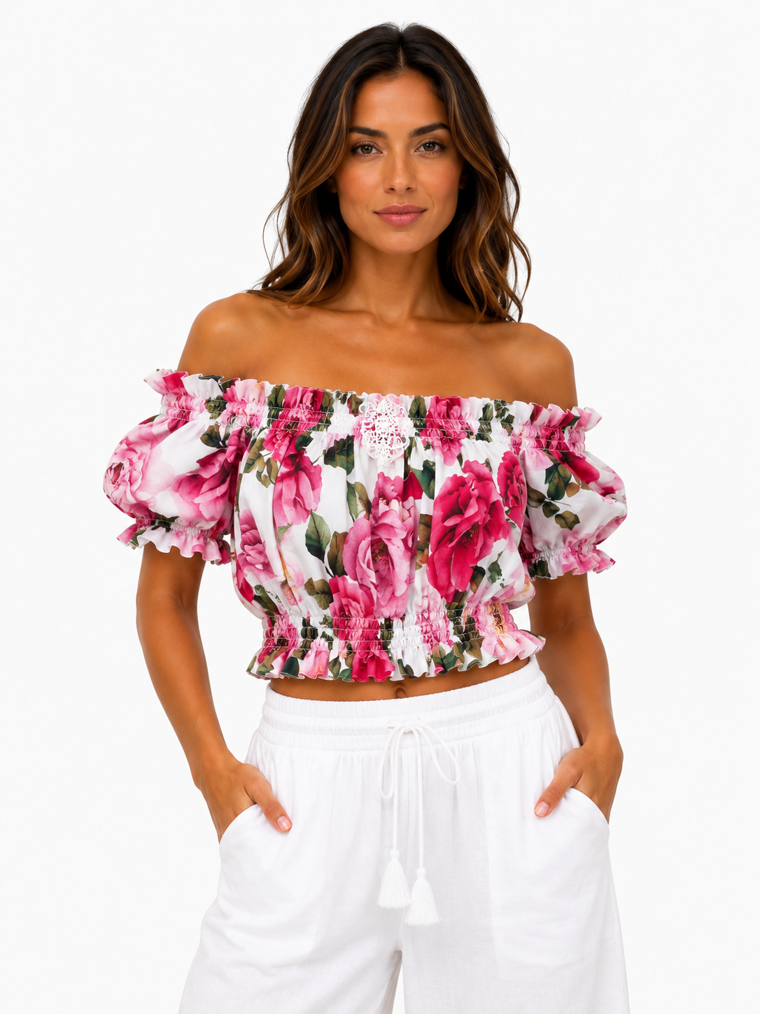 Top fiocco in lino stampa rose