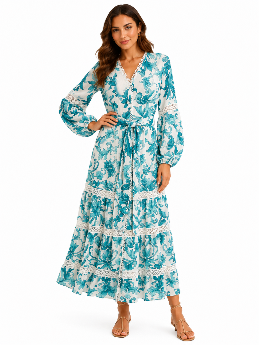 Langes Leinenkleid Star mit grünem Ast-Print