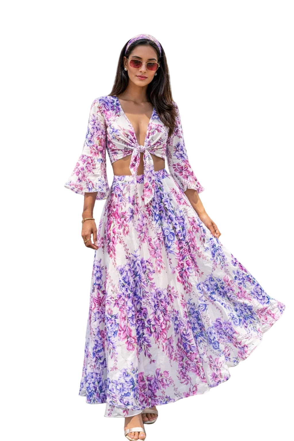 Completo top Orione e gonna Esmeralda in lino stampa glicine