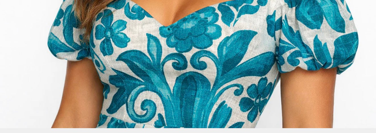 Virginia dress in green branch print linen