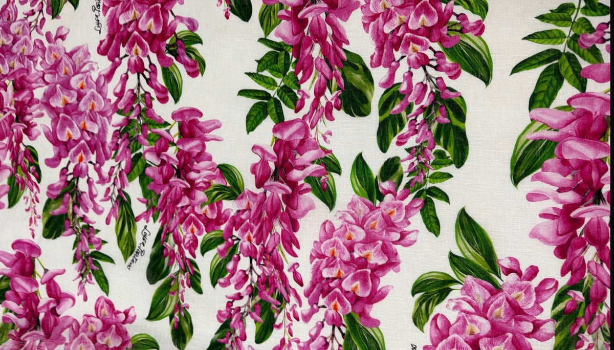 Completo top orione e mini gonna in lino stampa glicine fuxia