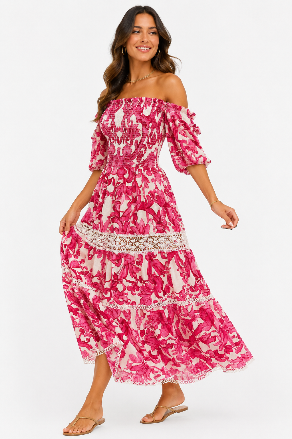 Abito Austria con corpetto elastico in lino tsglia unica stampa Pittura rosa