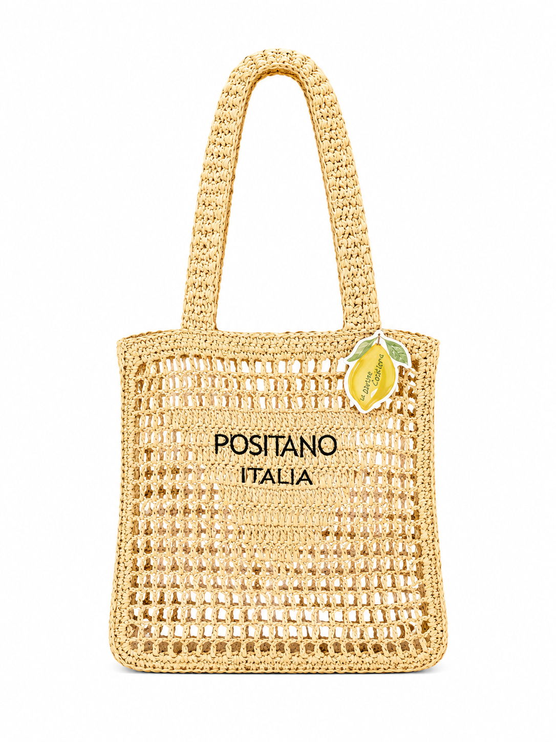 Borsa stile Prada in paglia naturale scuro con scritta Positano