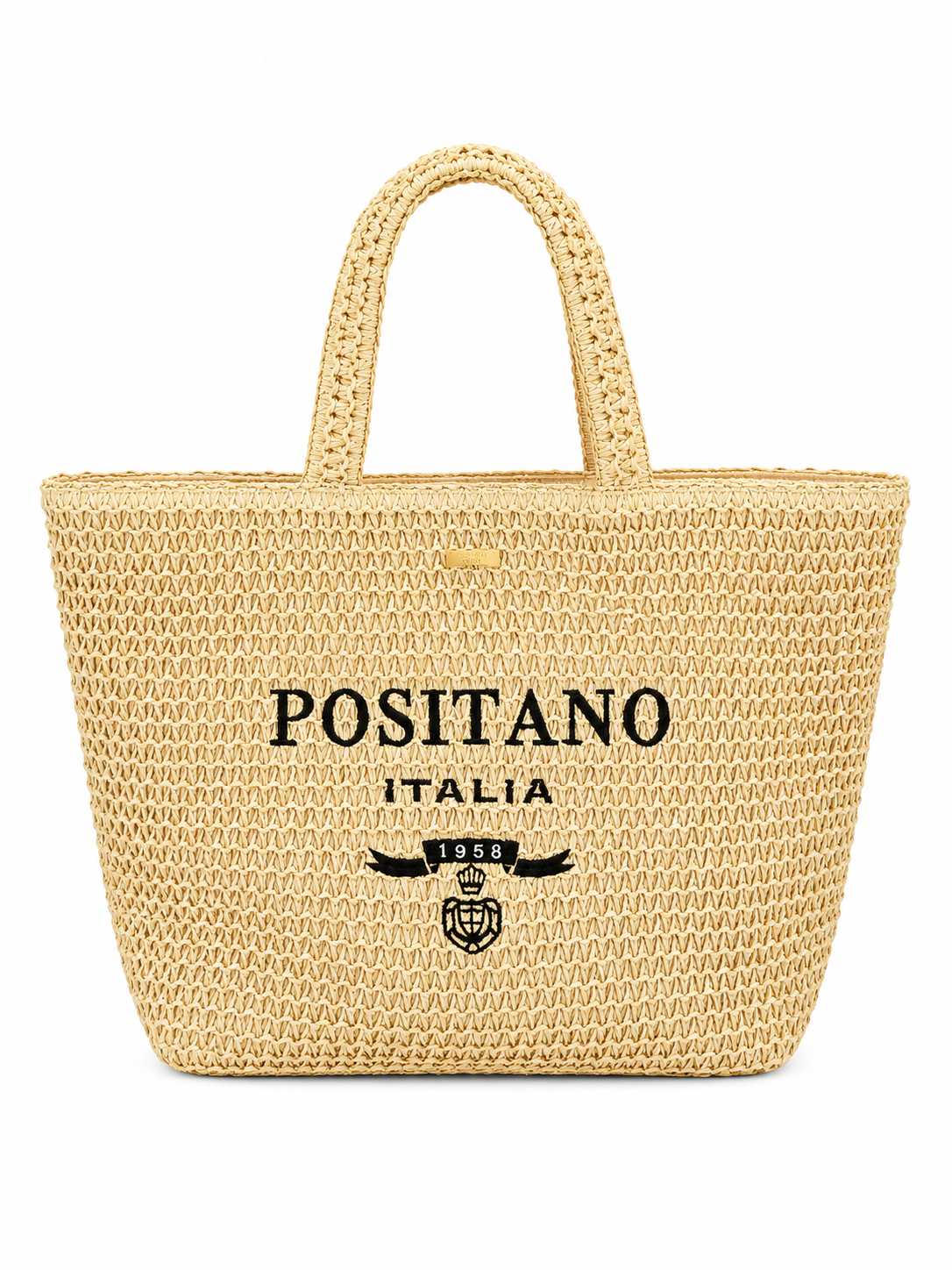 Borsa grande in paglia con zip e manica e scritta Positano