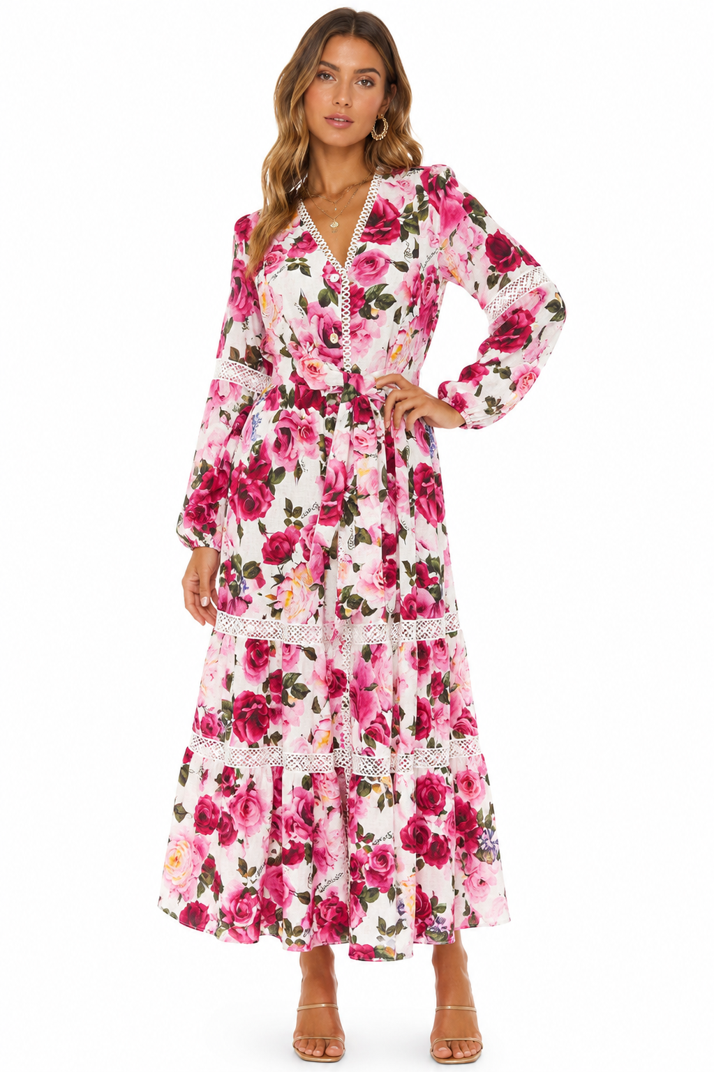 Abito Star lungo in lino stampa rose