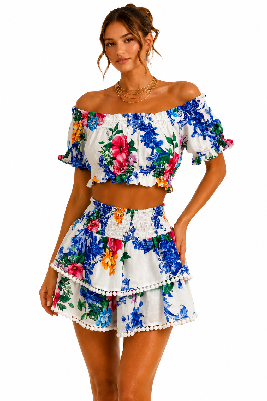Coordinato top fiocco e mini gonna in lino stampa arte