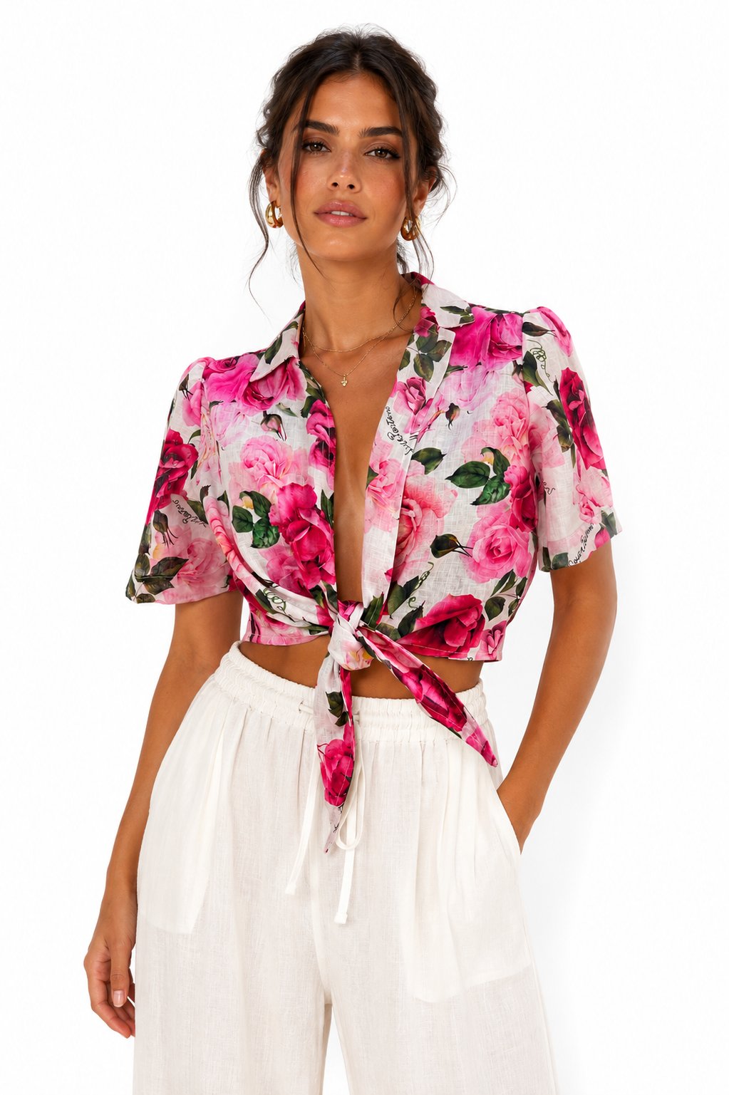 Top Bali in lino stampa Rose