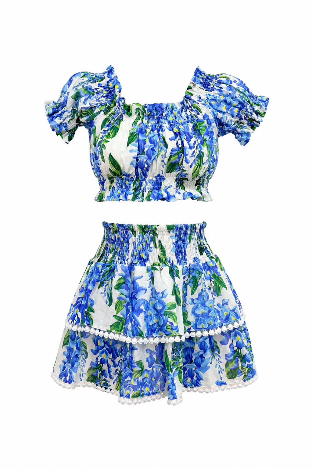 Coordinato top fiocco e Mini gonna in lino stampa Glicine azzurro