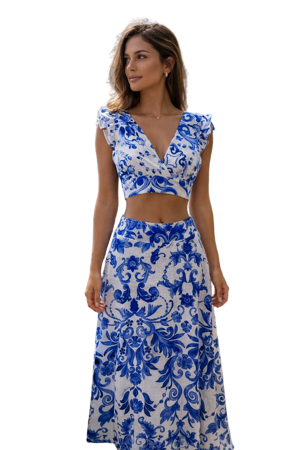 Pina Colada top and Esmeralda skirt set in blue Ravello print linen