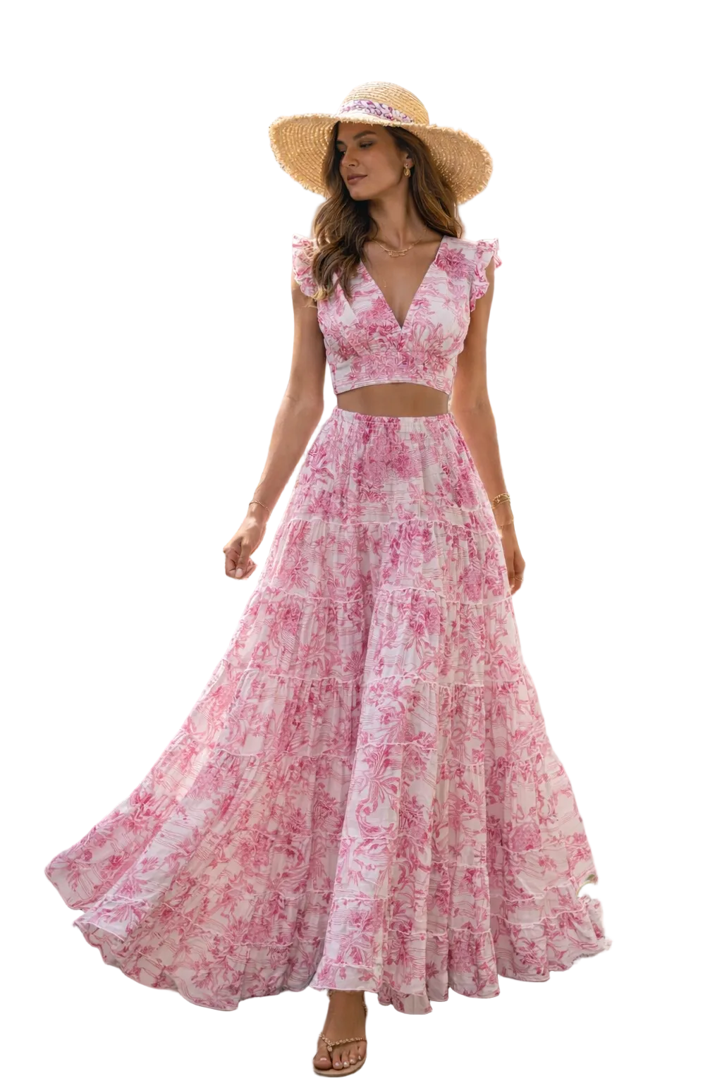 Pina Colada top and Hedy skirt set in linen with a pink Adoro print