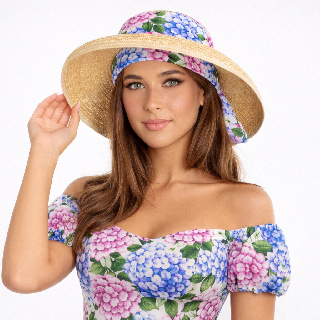 Hydrangea print straw hat