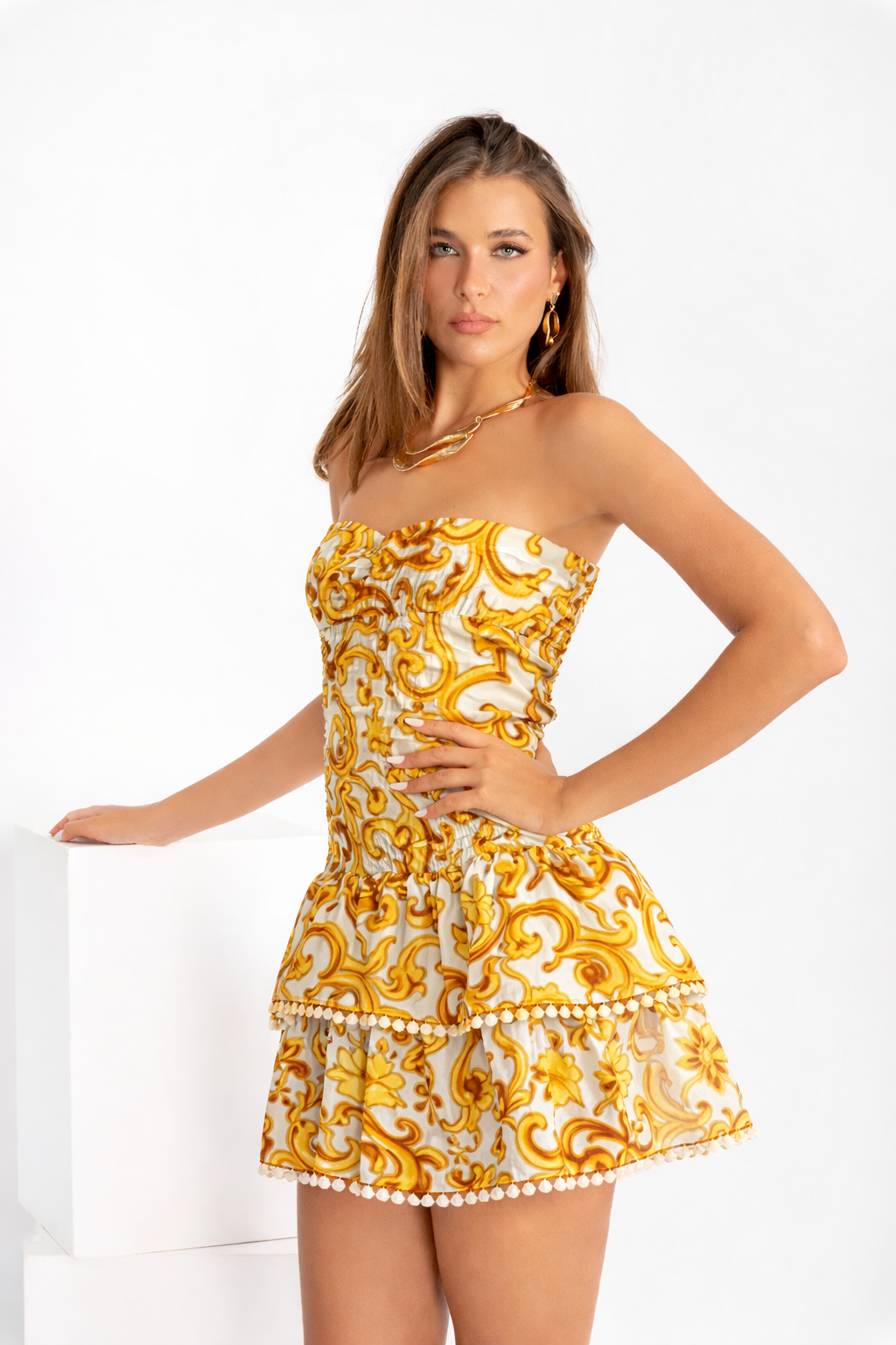 Abito Totano in lino stampa Ravello giallo