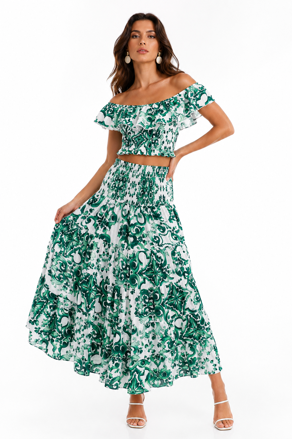 Completo top volant e gonna hedy in lino stampa Ravello verde