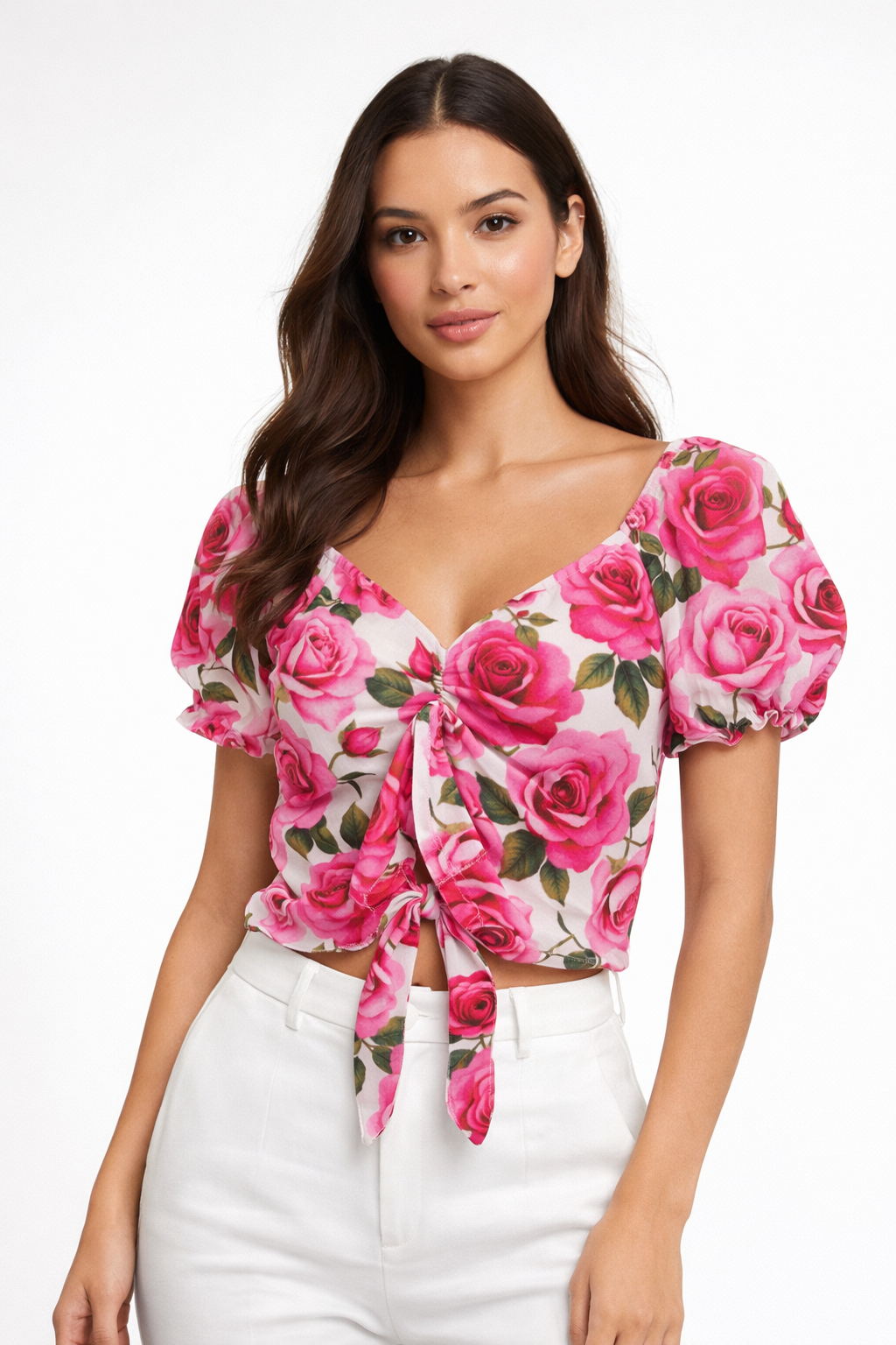 Cyclamen top in linen with rose print