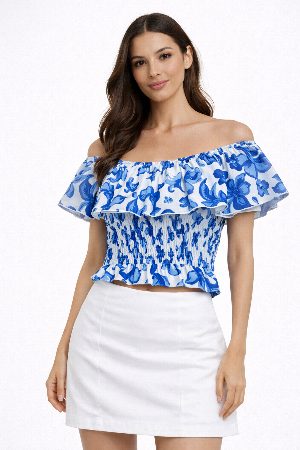 Blue linen top with paint print