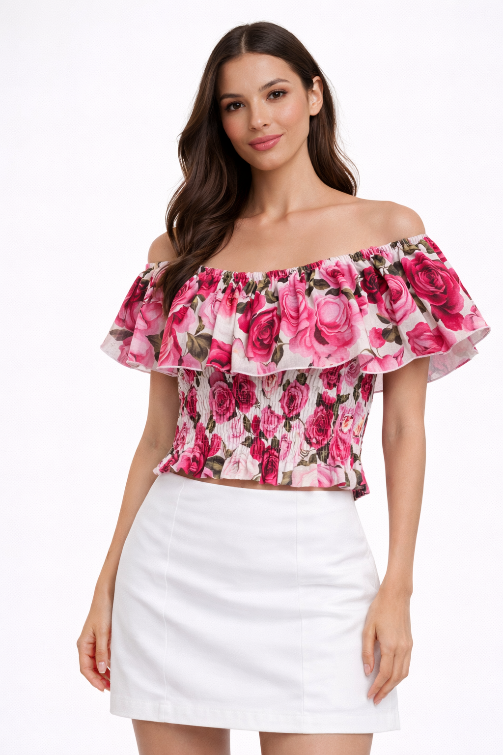 Rose print linen volant top