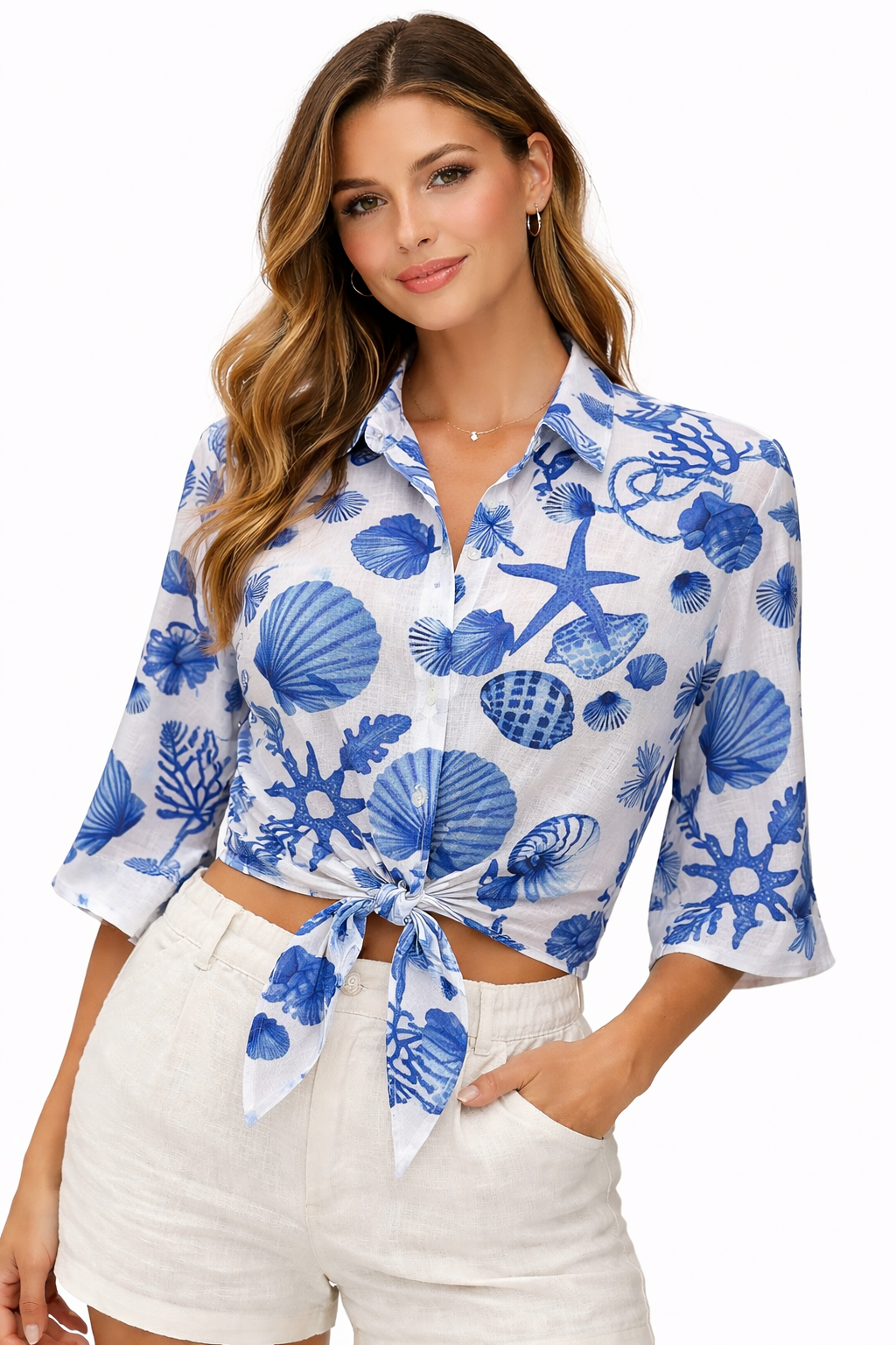 Tania linen top with coral print