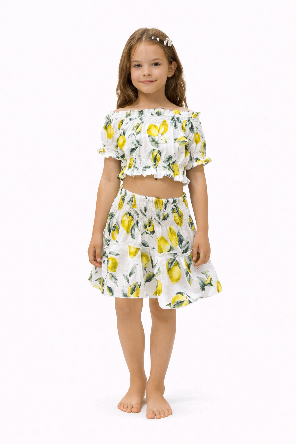 Completo bambina in lino stampa limoni