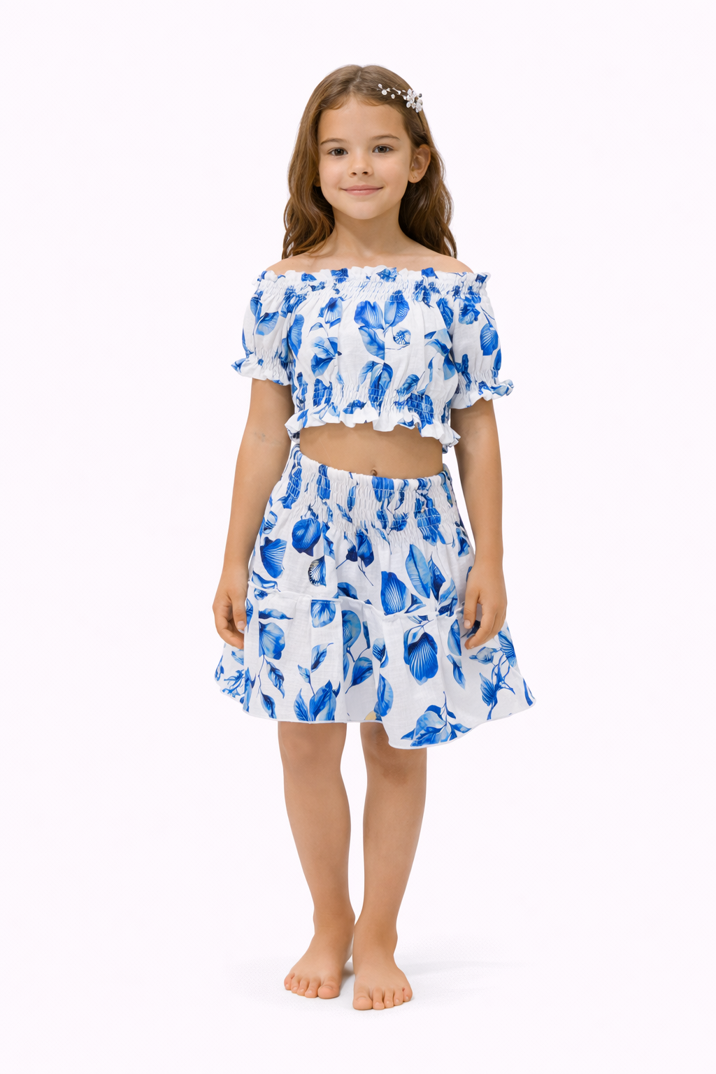 Completo bambina in lino stampa coralli