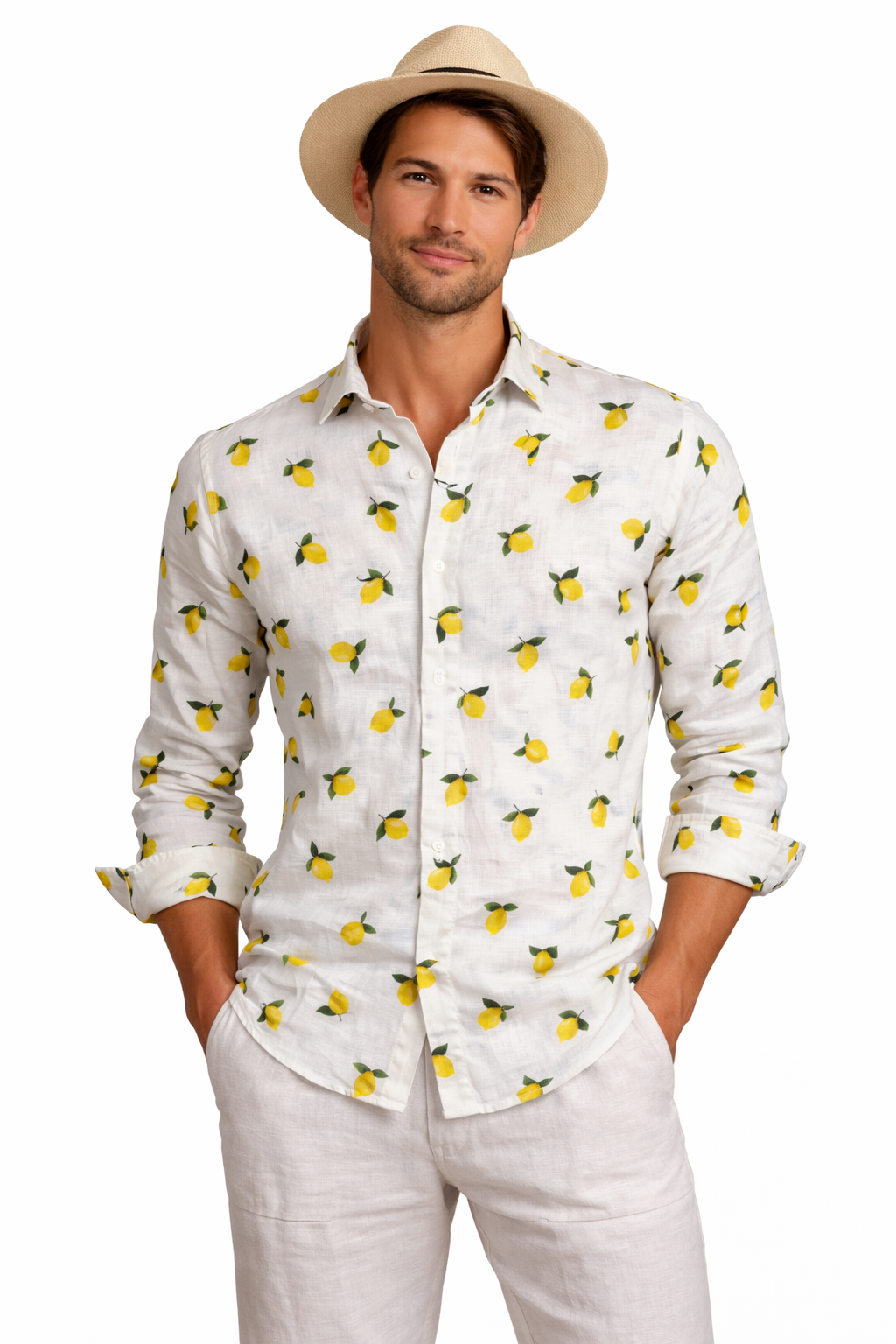 Men's lemon print linen shirt