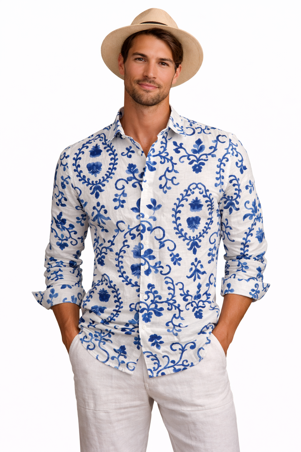 Men's blue Morocco print linen shirt