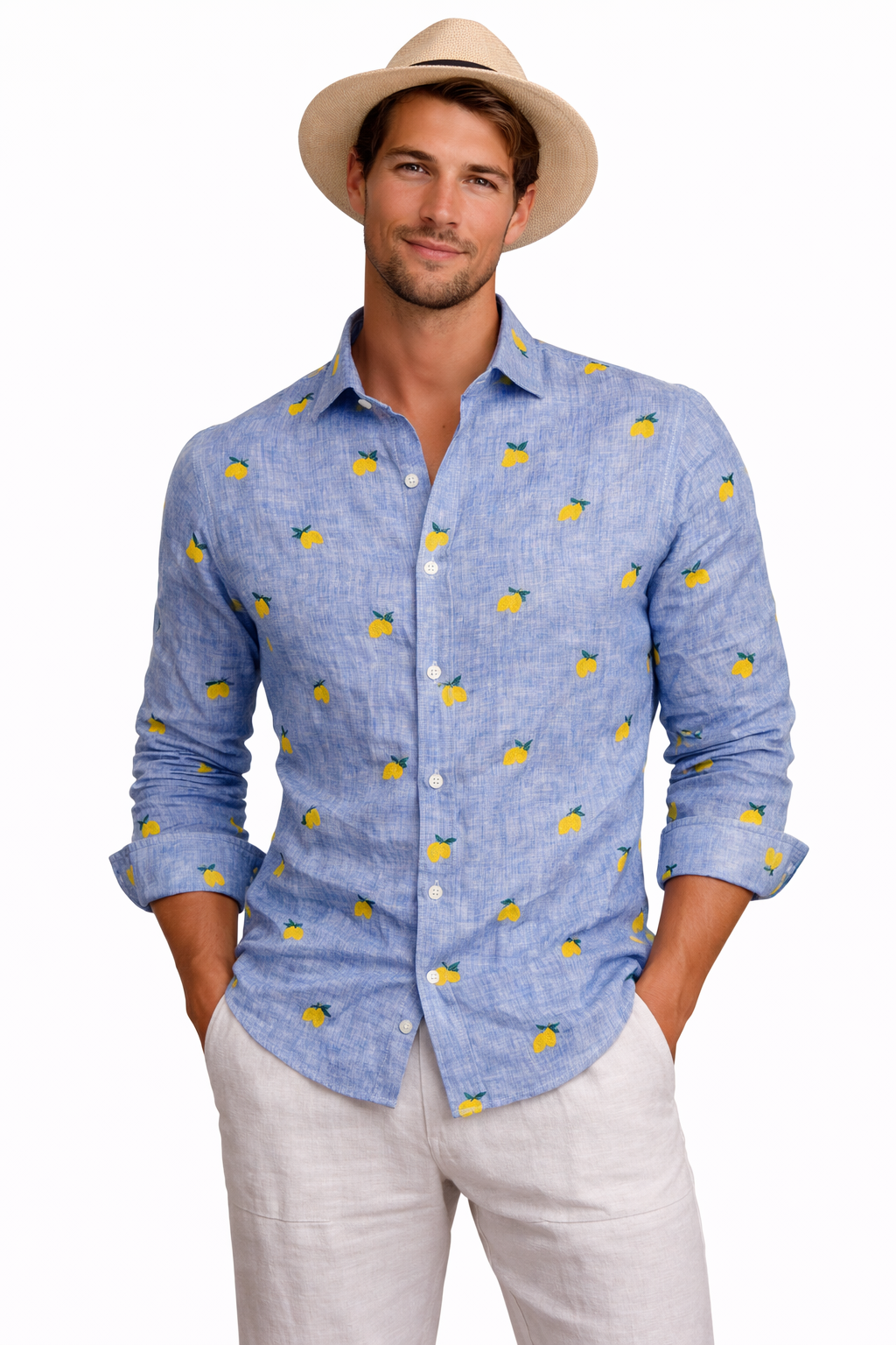 Men's shirt lemons embroidery denim linen