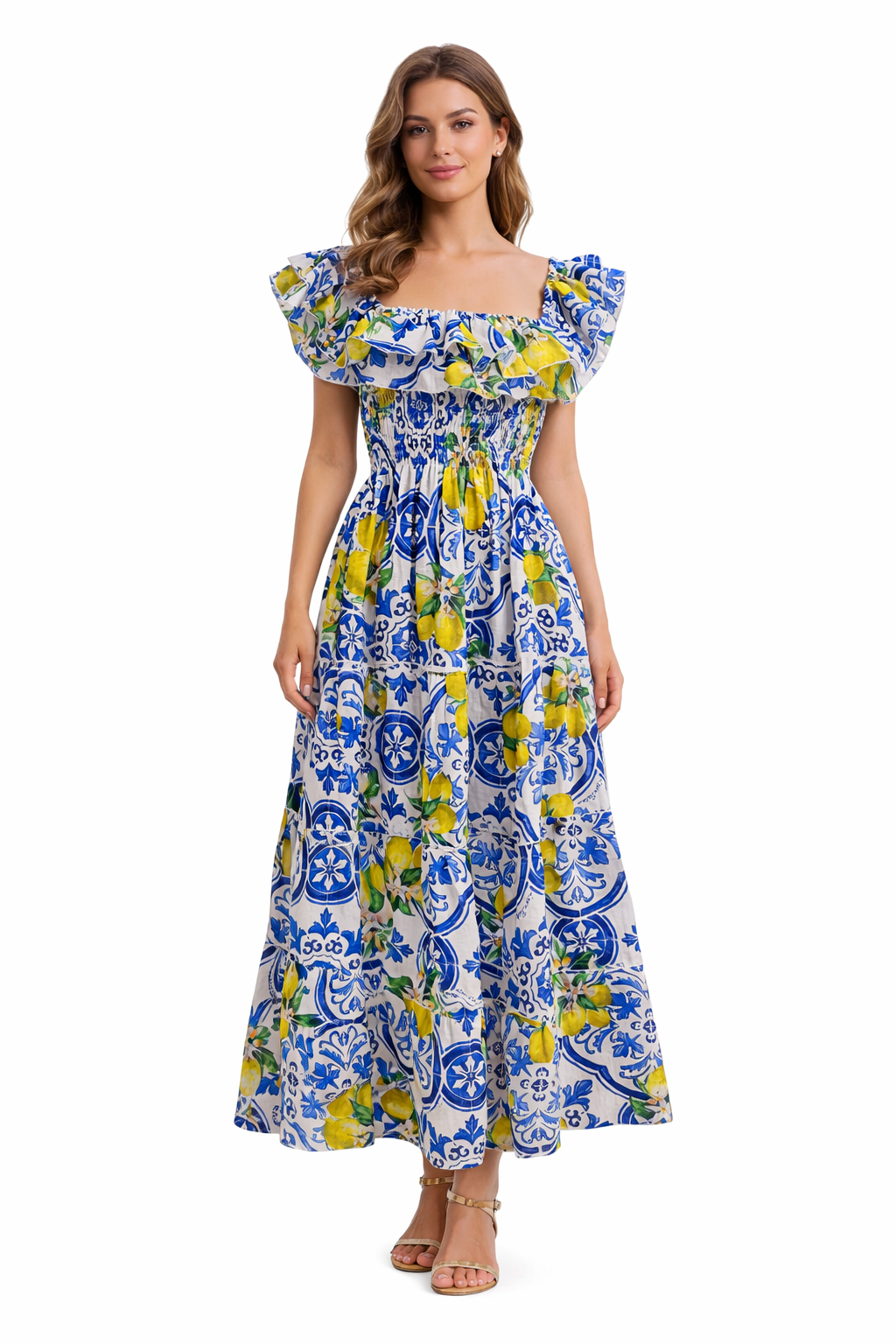 Abito Doppio Volant in lino stampa limone nuovo