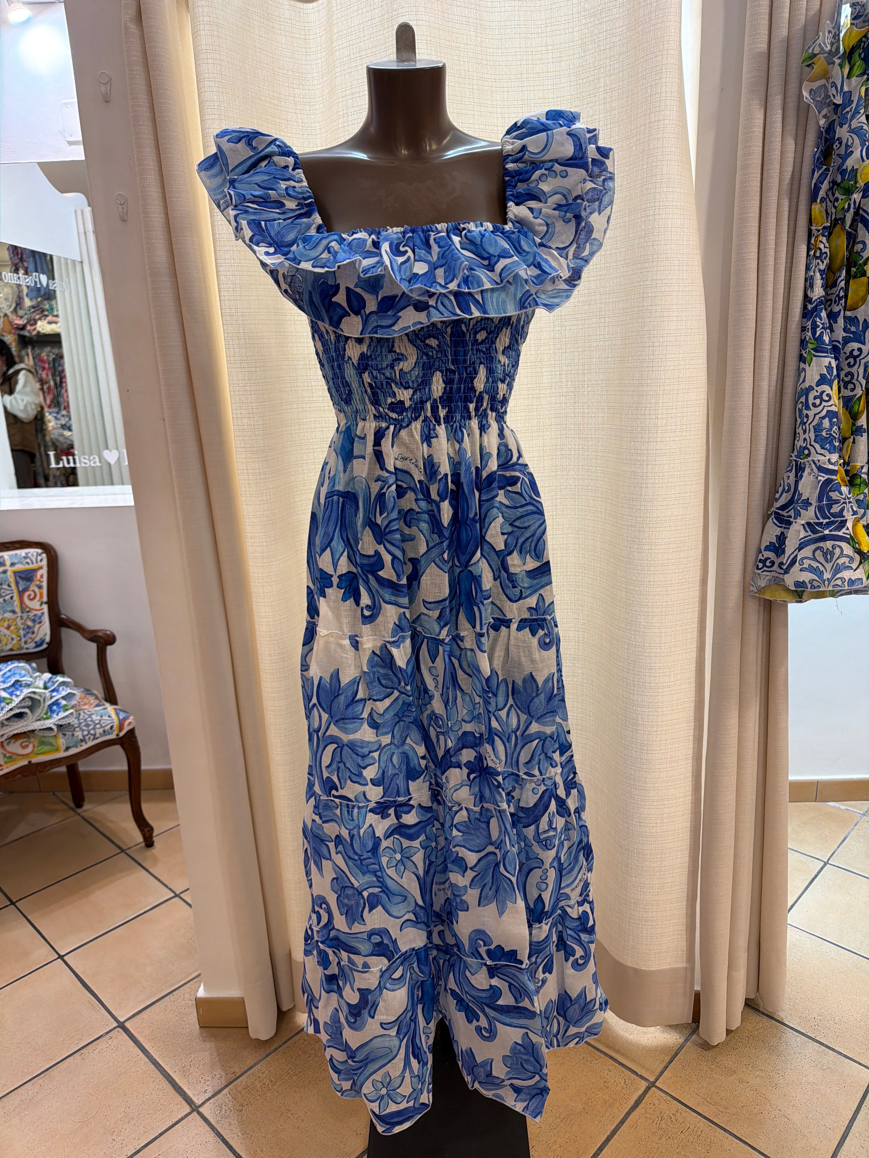 Double ruffle linen dress in blue paint print
